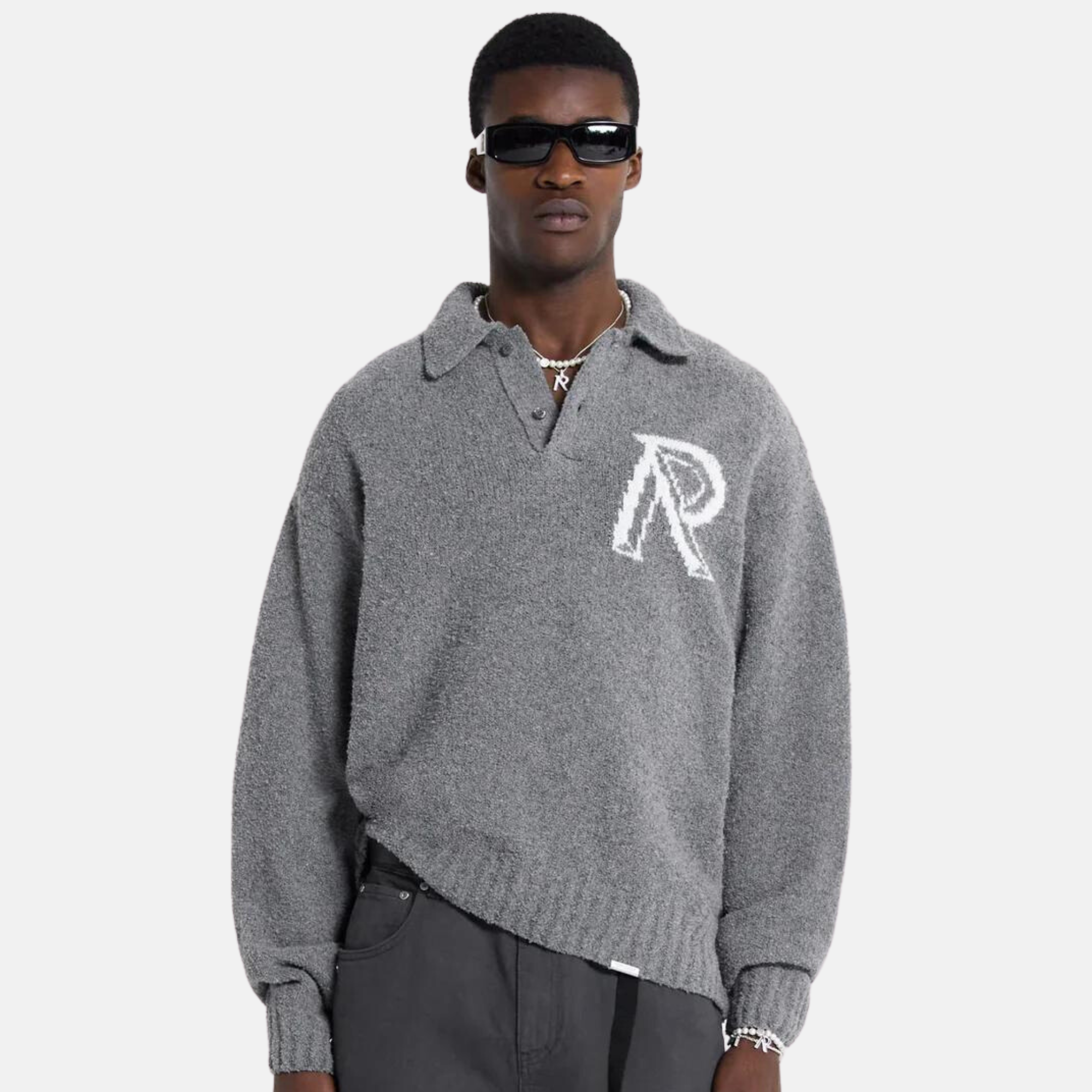 Represent 'Initial Boucle' Grey Wool Polo Sweater