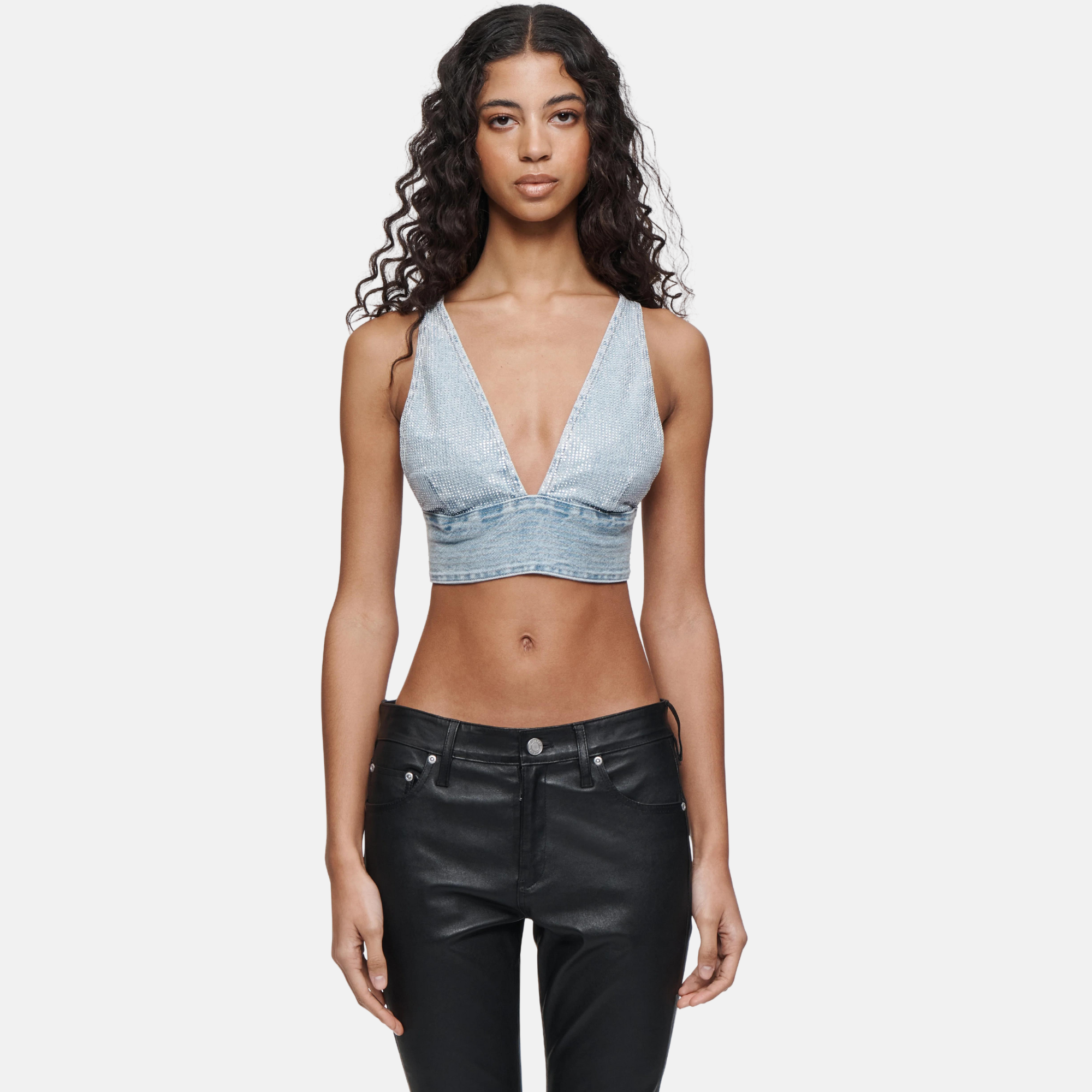 Purple Brand Hotfix Studded Denim Crop Top in Light Indigo