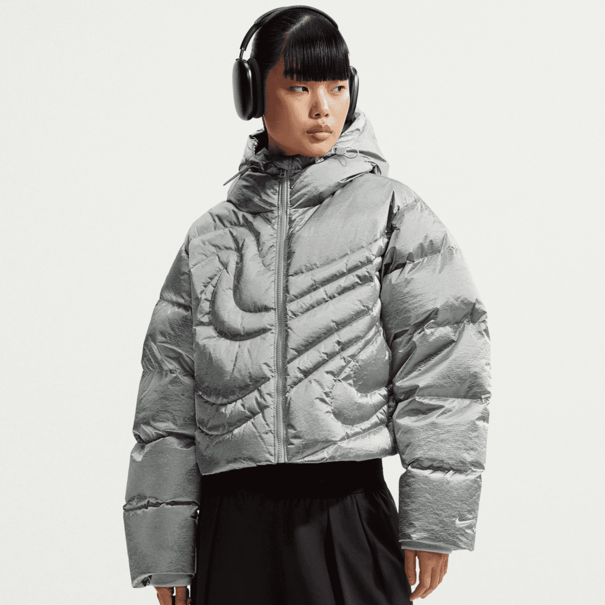 Nike Women's Therma-Fit Oversized Metallic Silver Down Puffer Jacket