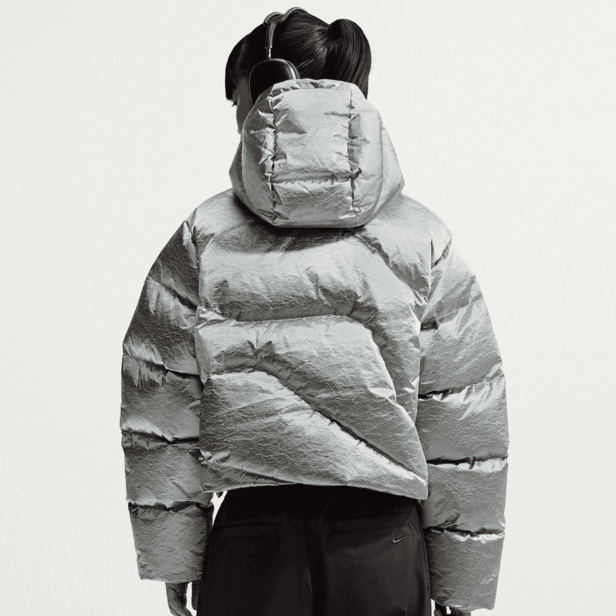 Nike Women's Therma-Fit Oversized Metallic Silver Down Puffer Jacket