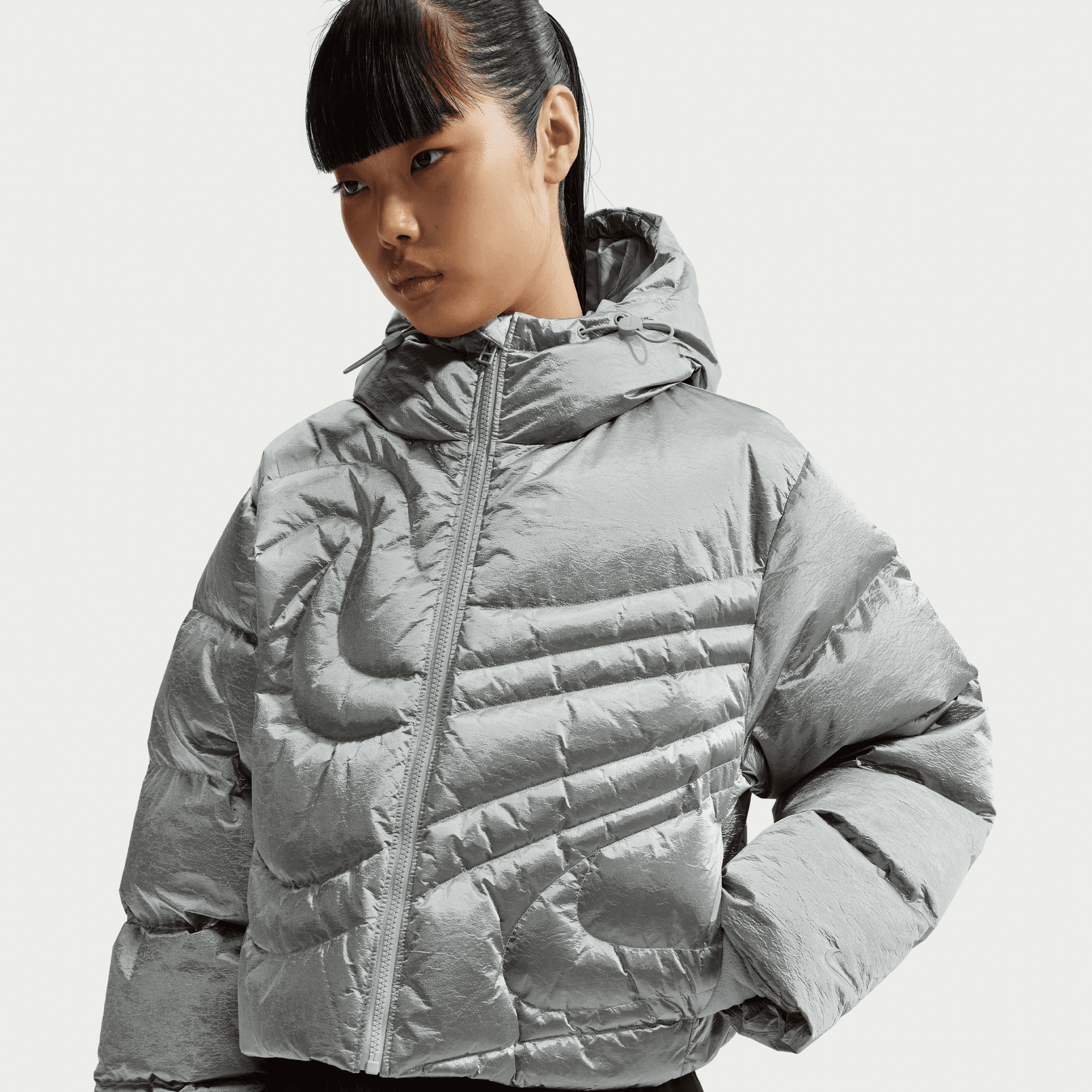 Nike Women's Therma-Fit Oversized Metallic Silver Down Puffer Jacket