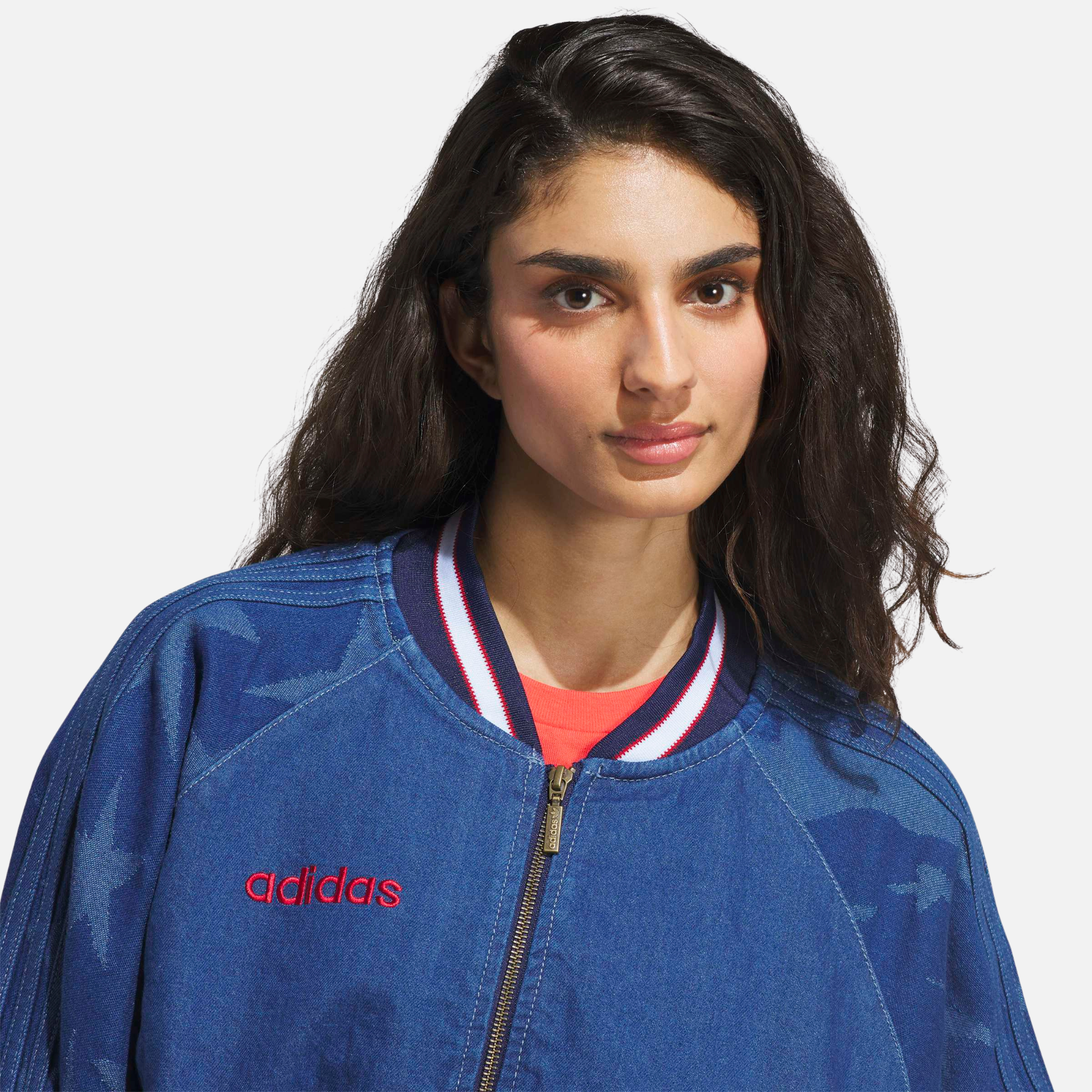 Adidas Women's Blue Denim Graphic Varsity Bomber Jacket