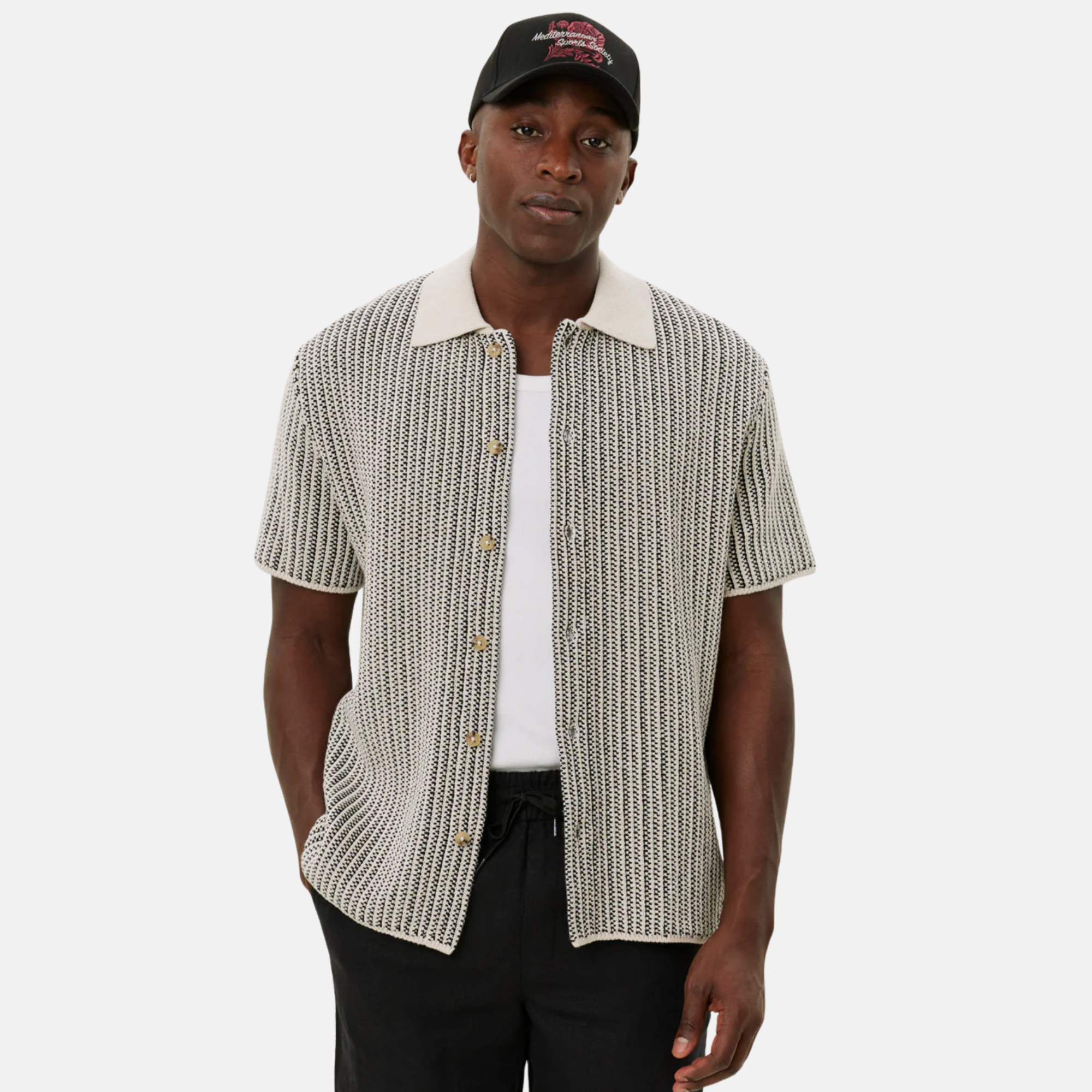 Les Deux Easton Knitted Ivory Black Button-Down Shirt