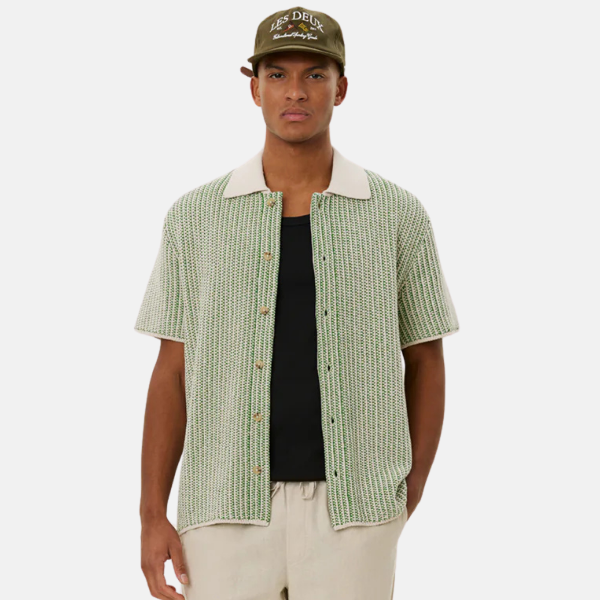 Les Deux Easton Knitted Ivory Green Button-Down Shirt