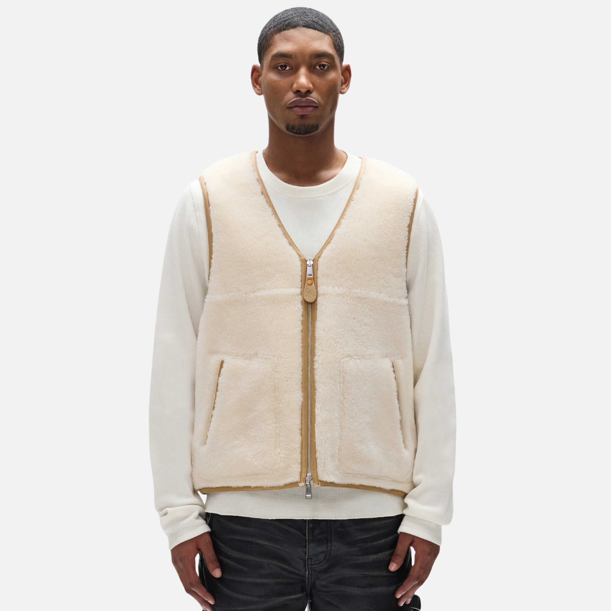 Purple Brand Tan Slab Wordmark Shearling Vest