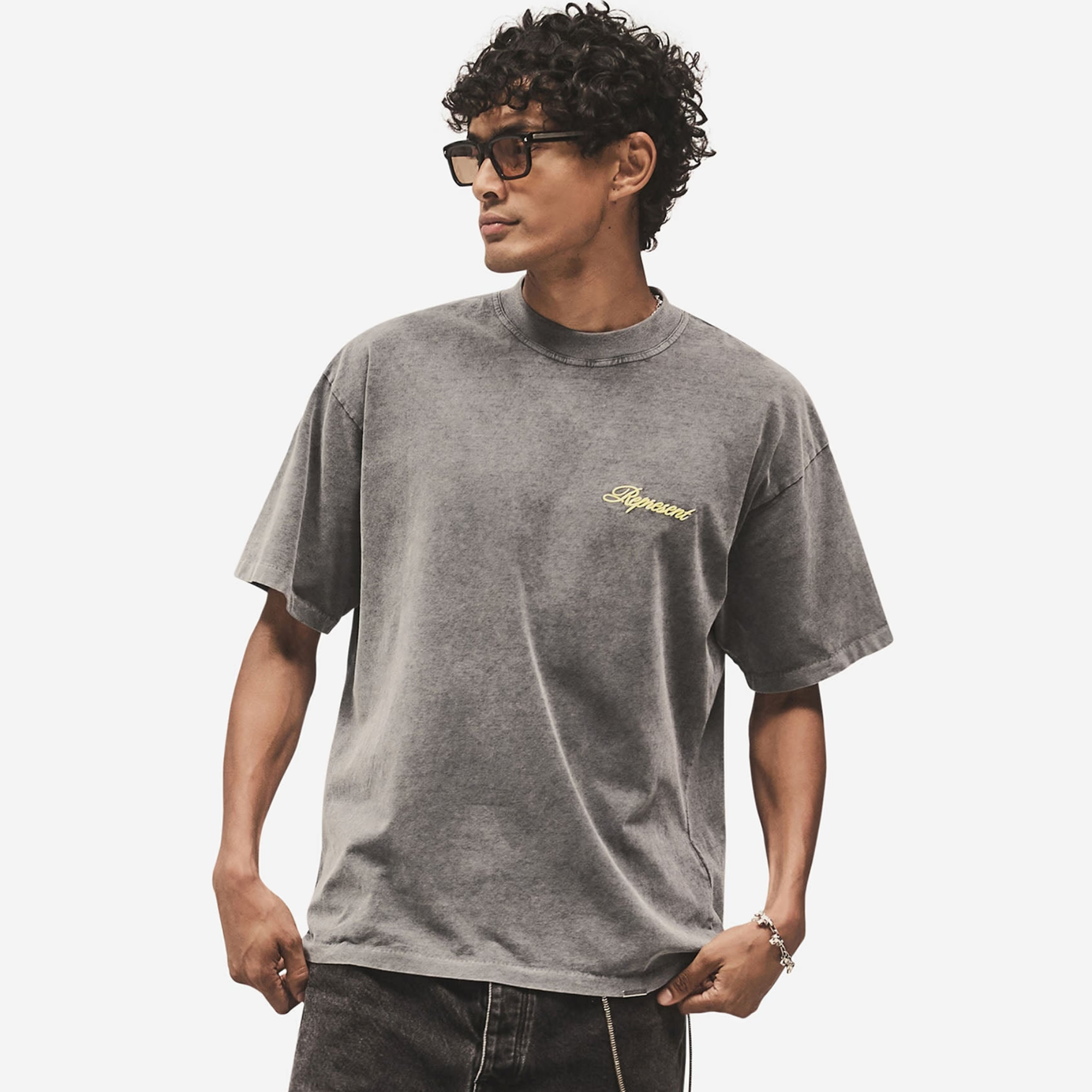 Represent Vintage Grey Script Logo T-Shirt