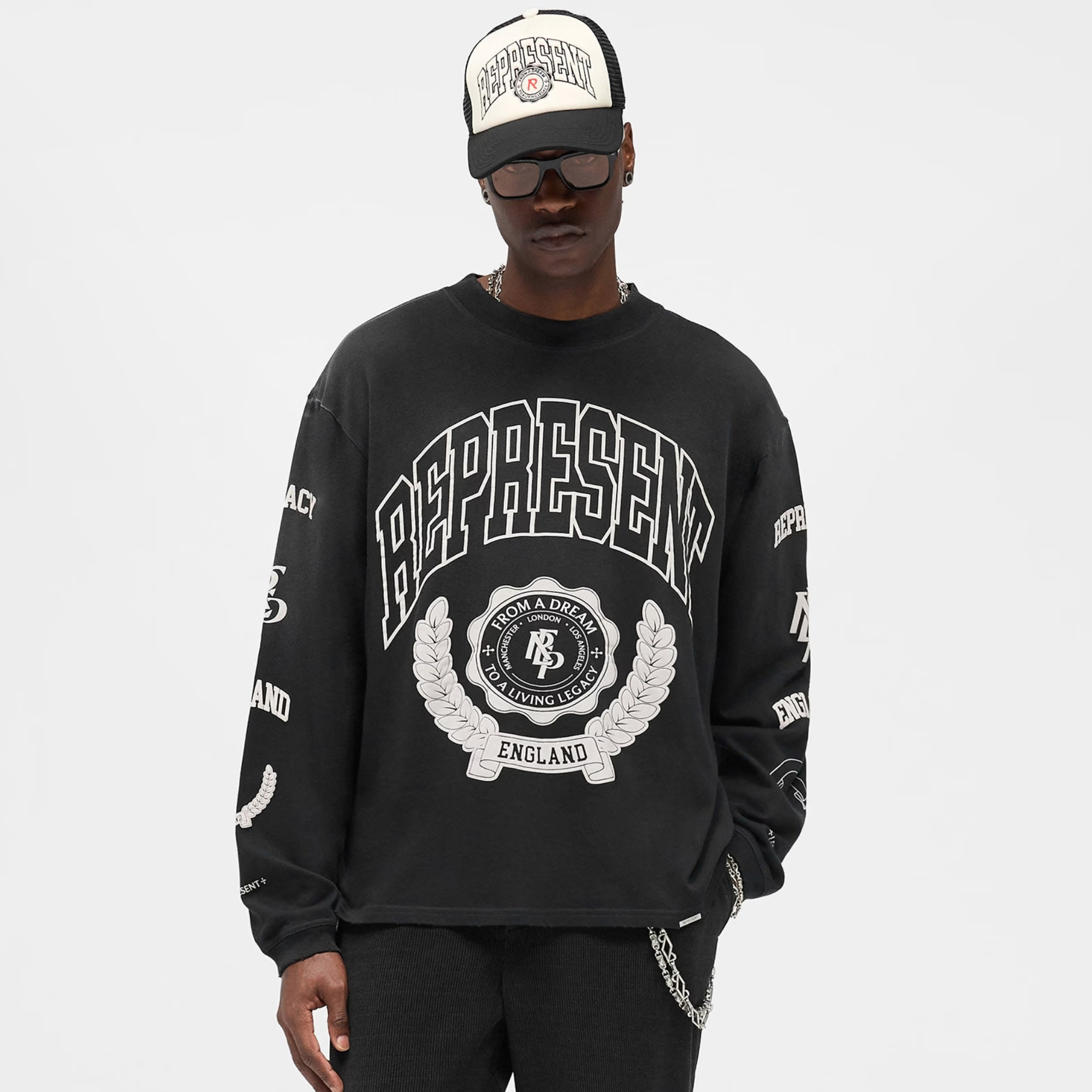 Represent Stained Black Legacy Crest Long-Sleeve T-Shirt – Puffer Reds