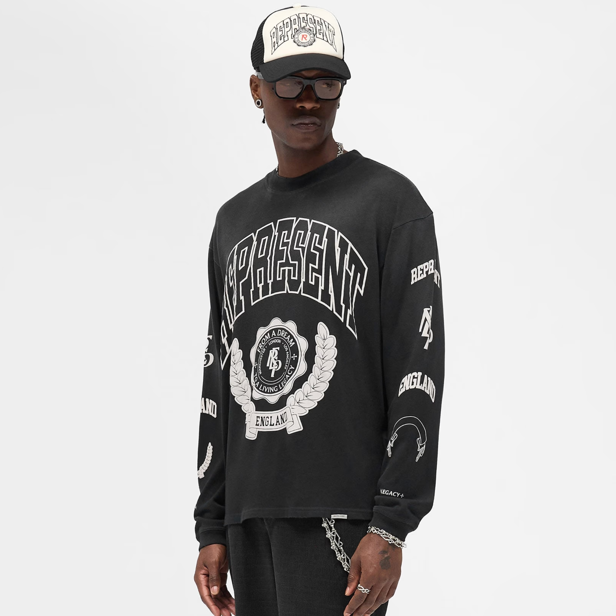 Represent Stained Black Legacy Crest Long-Sleeve T-Shirt
