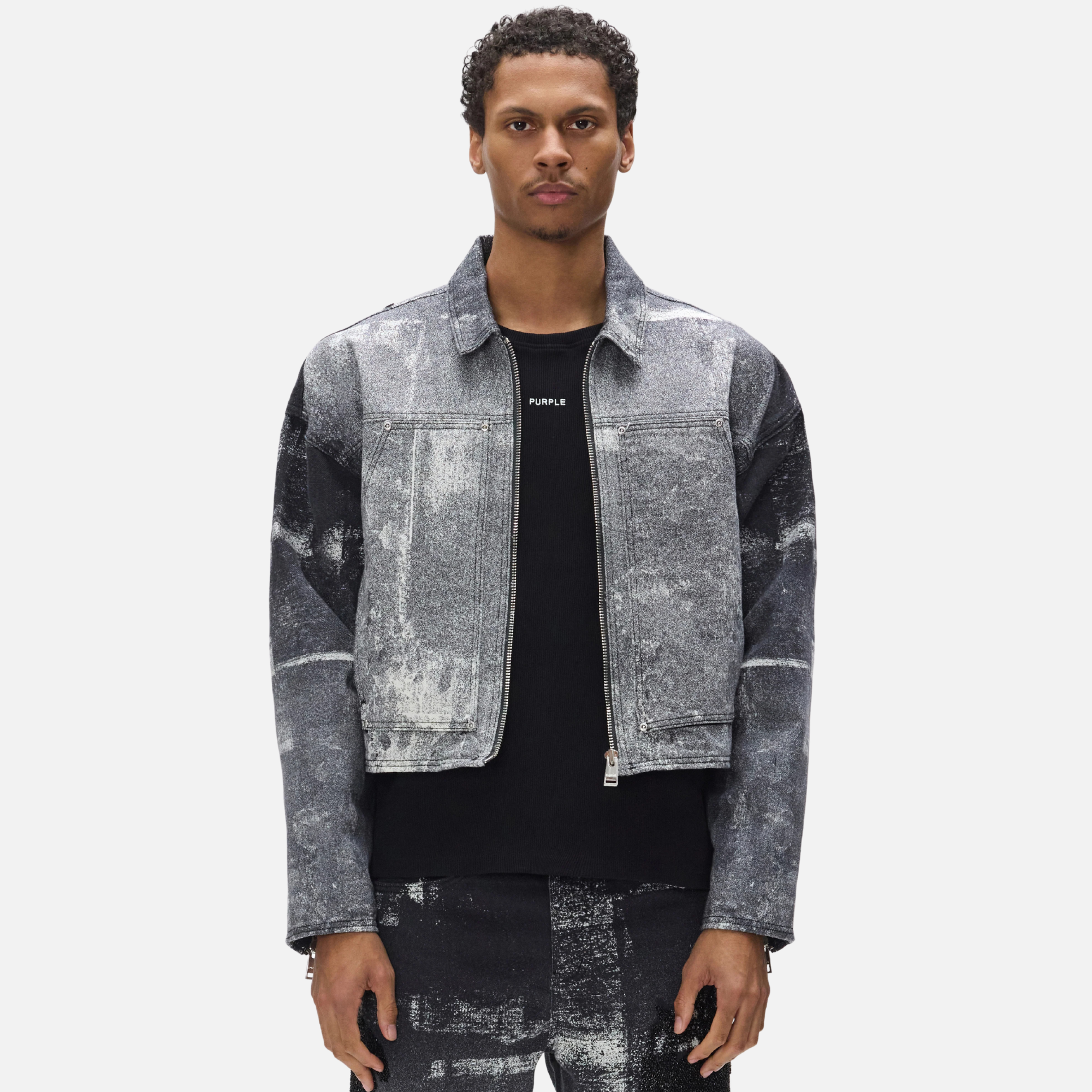 Purple Brand Carpenter Beaded Palms Print Black Jacket