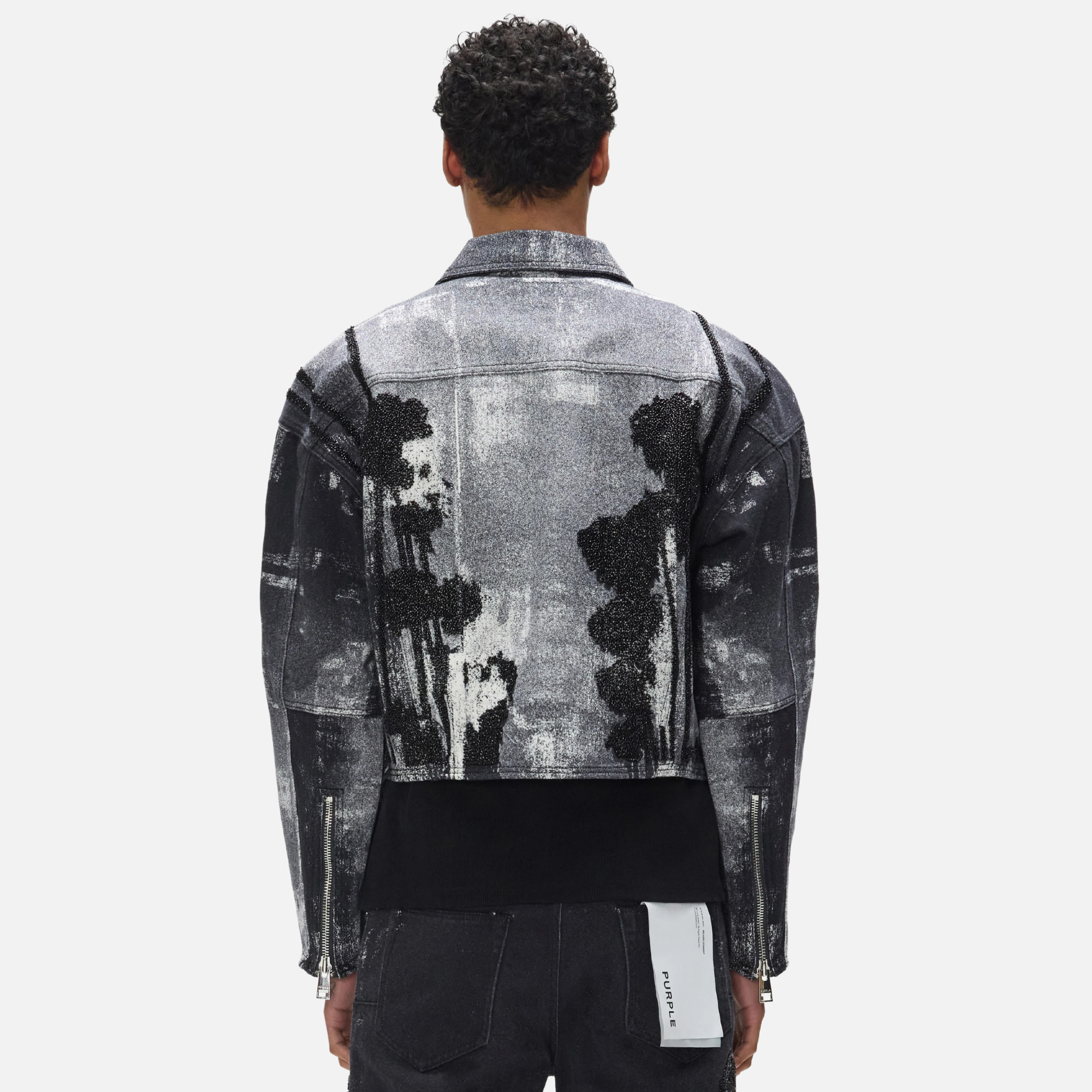 Purple Brand Carpenter Beaded Palms Print Black Jacket