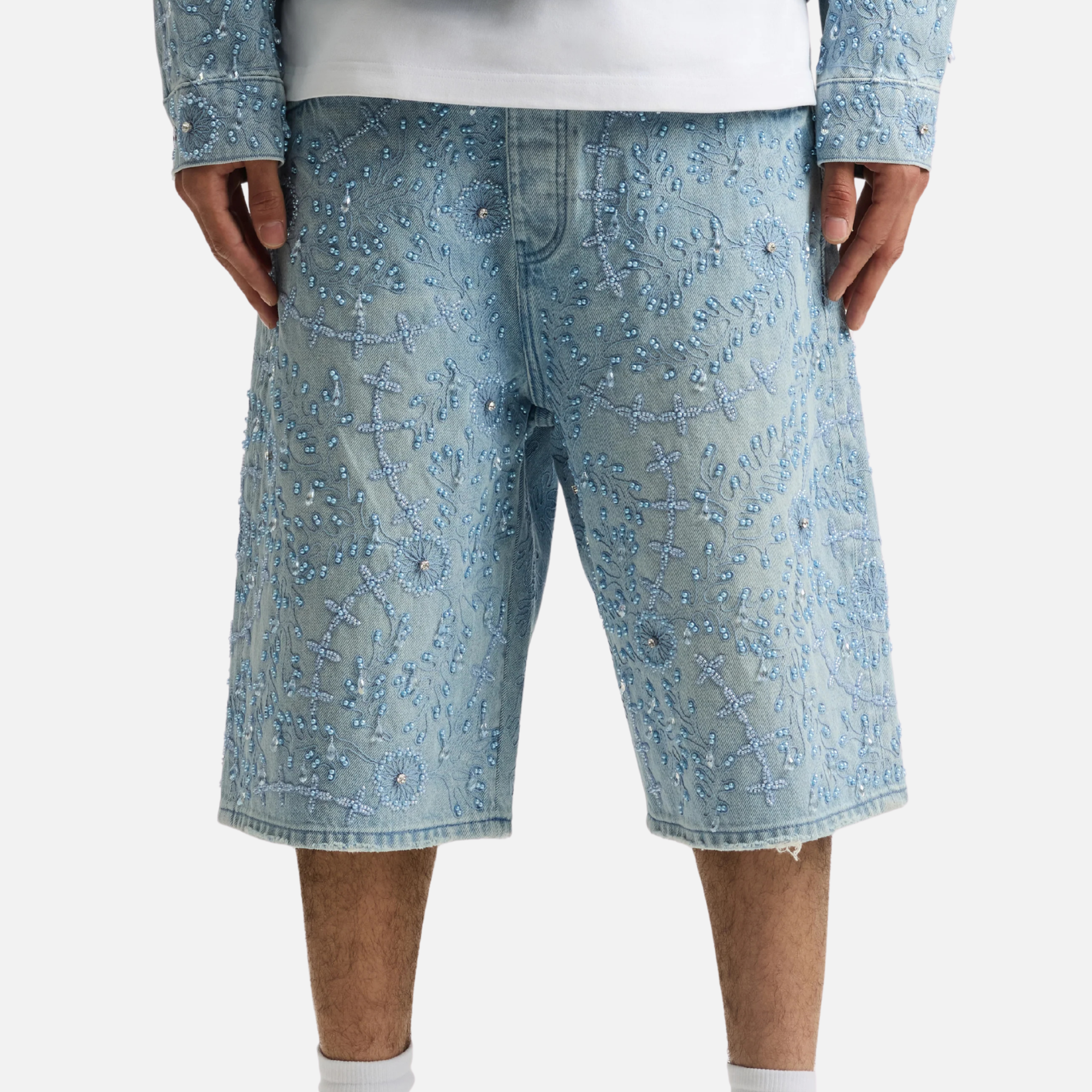 Purple Brand Super Light Indigo Embellished Denim Shorts
