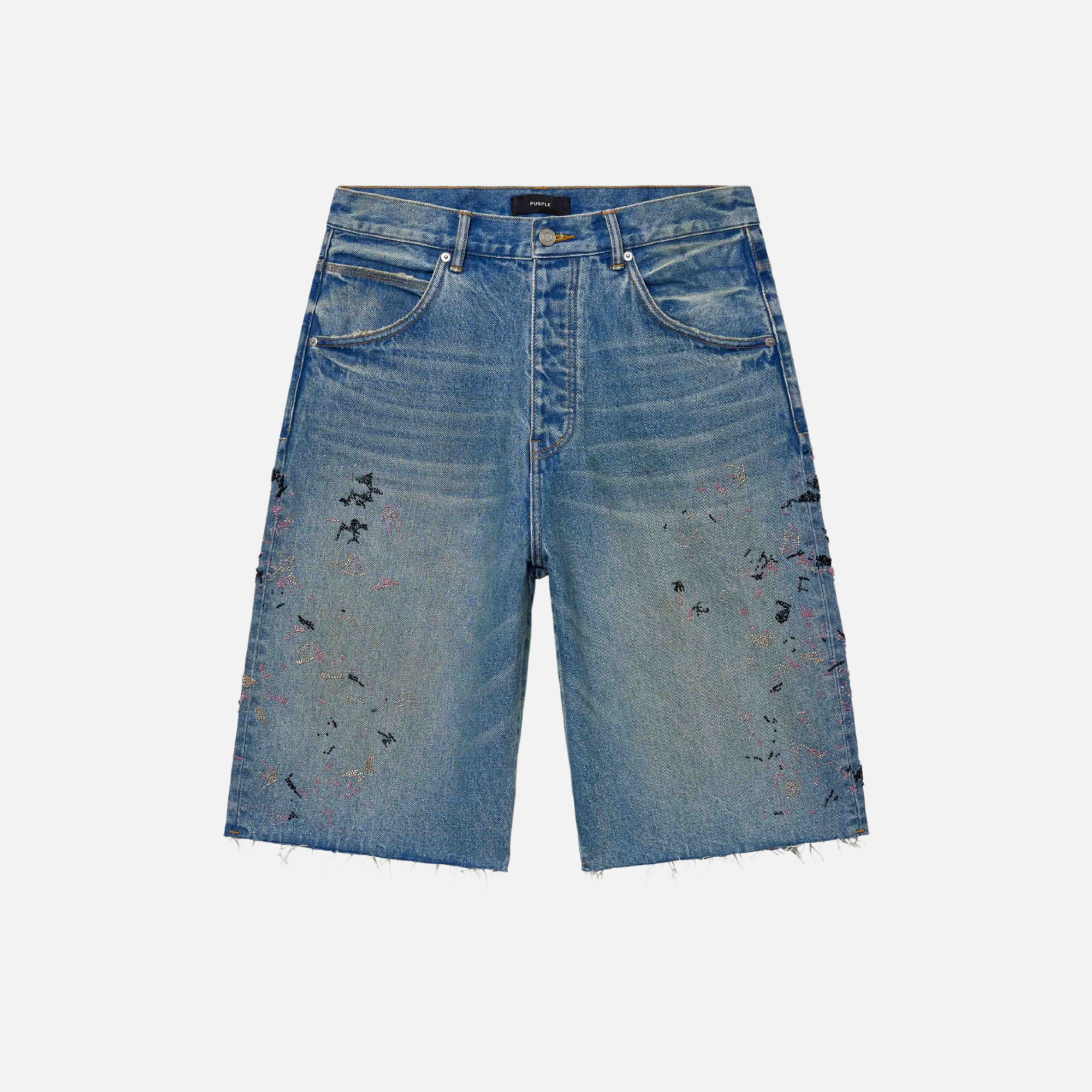 Purple Brand Beaded Splatter Embroidery Mid Indigo Shorts