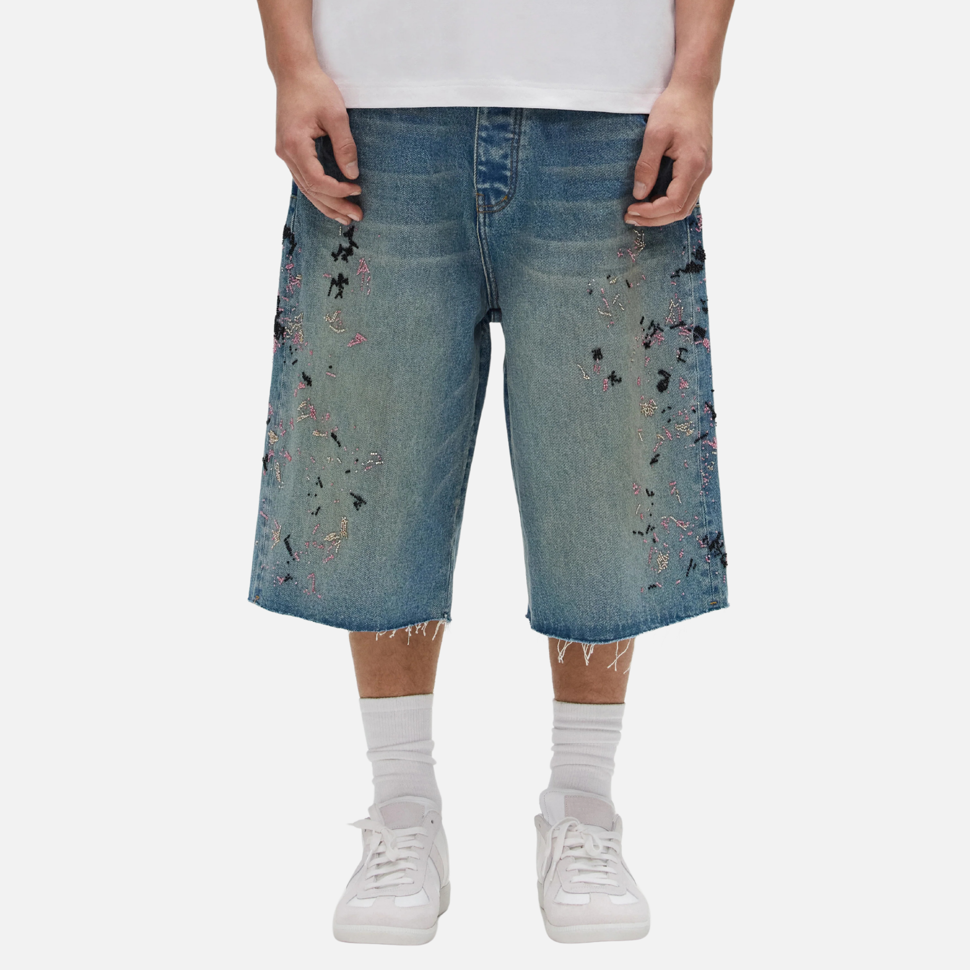 Purple Brand Beaded Splatter Embroidery Mid Indigo Shorts