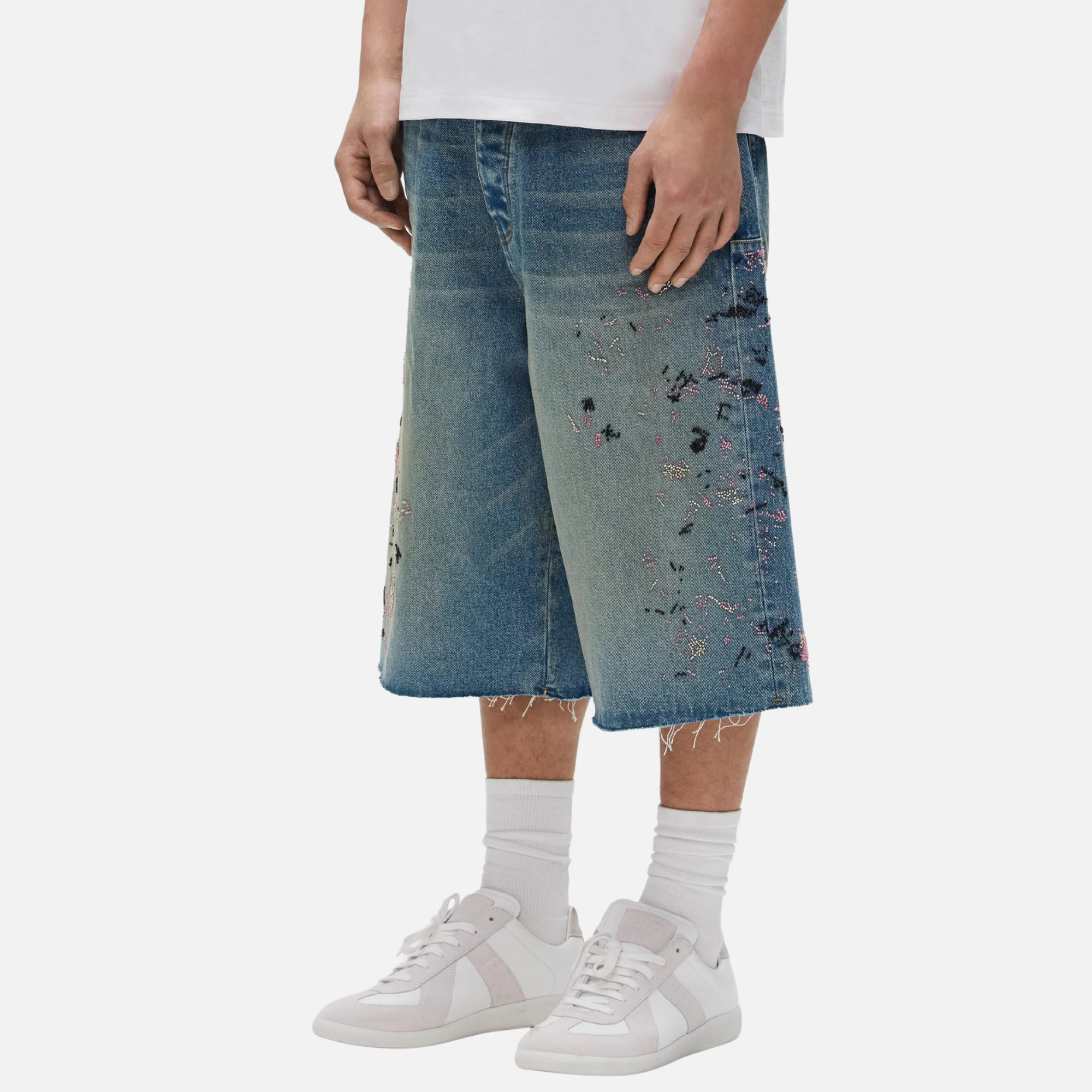 Purple Brand Beaded Splatter Embroidery Mid Indigo Shorts