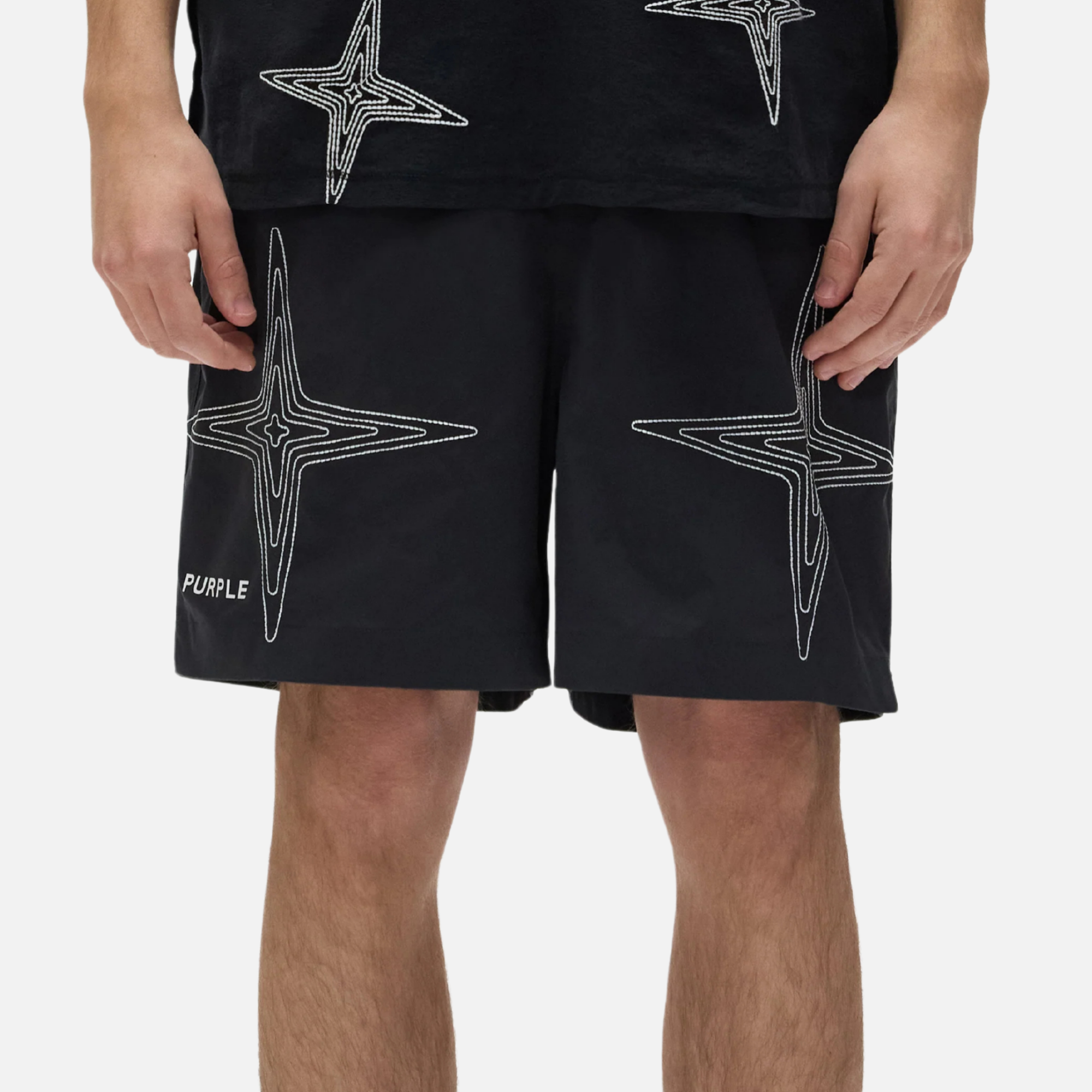 Purple Brand Black Jumbo Star Holographic Swim Shorts