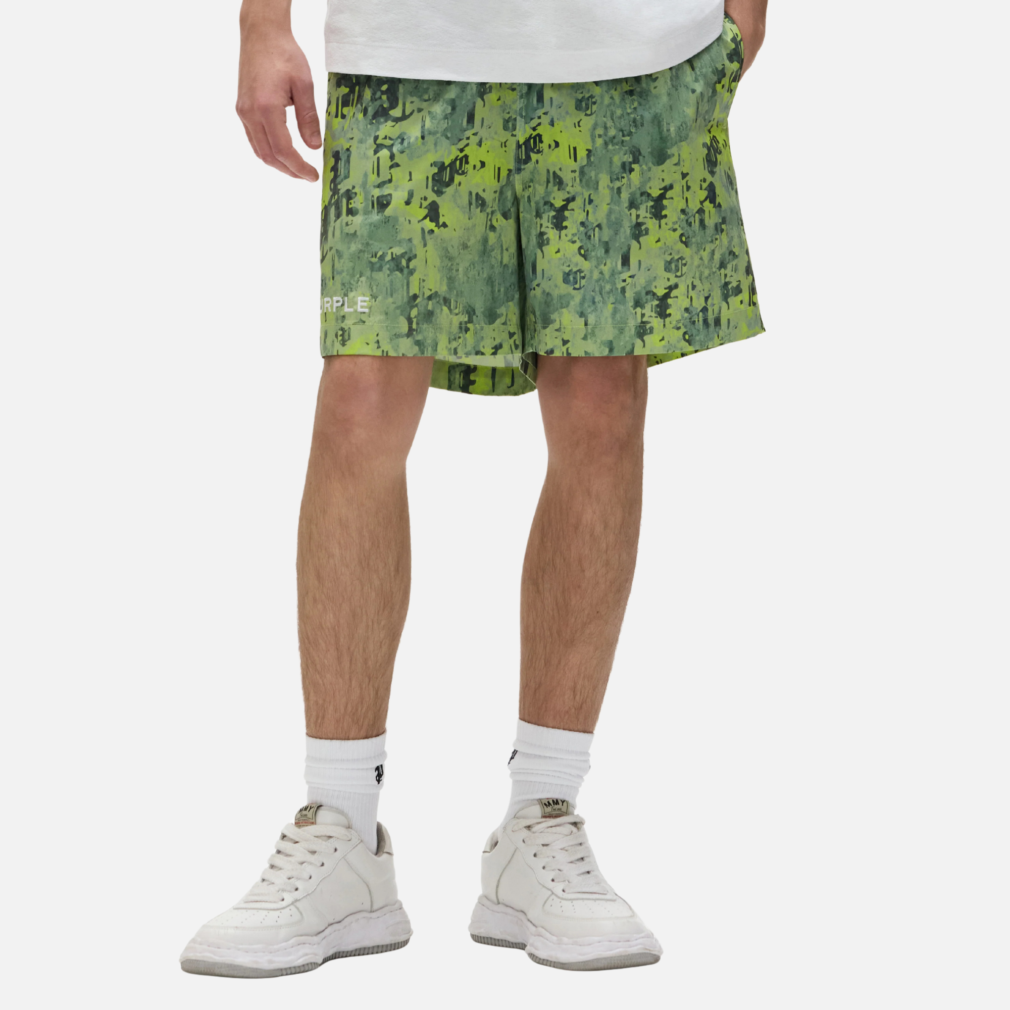 Purple Brand Green Worn Gothic Camo Shorts