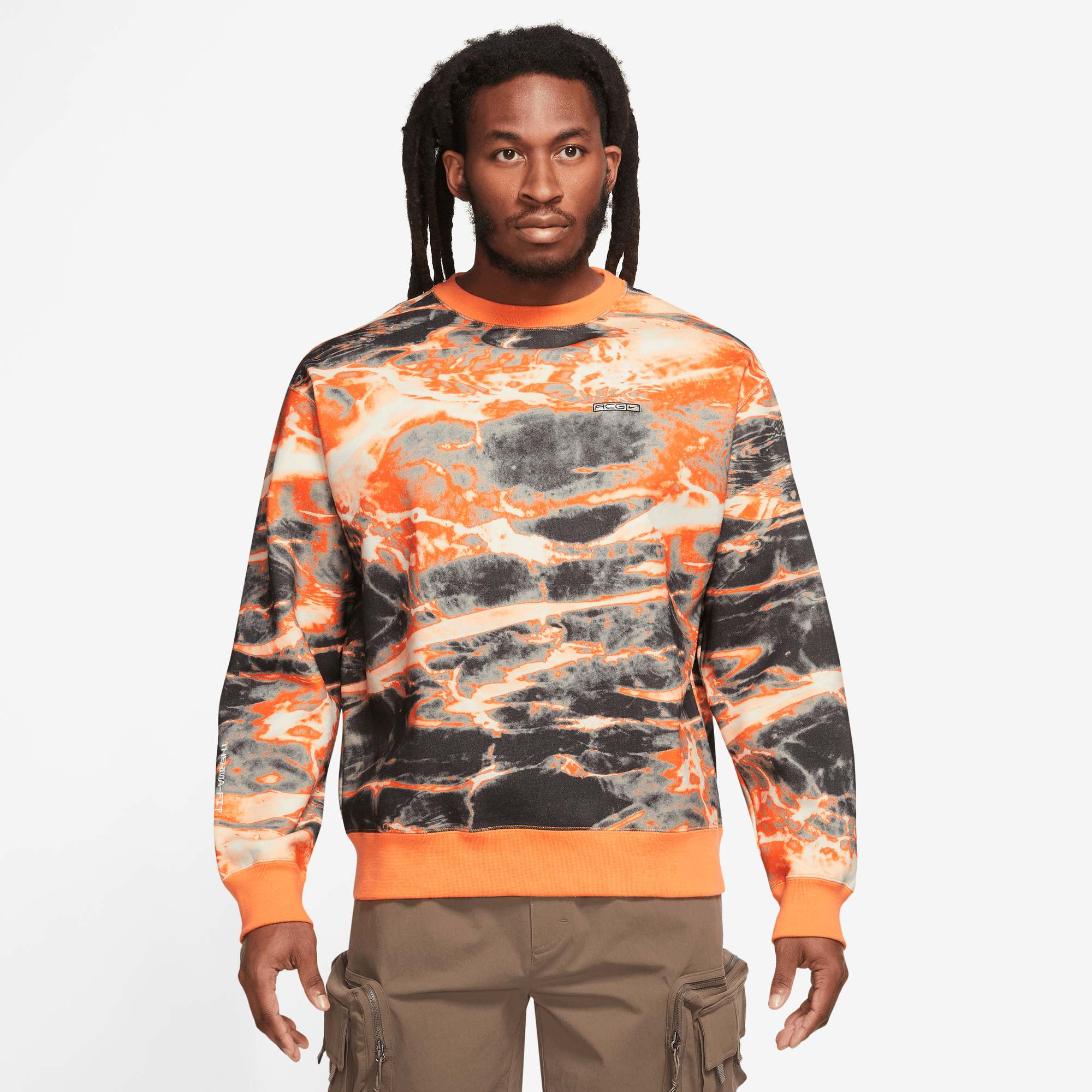 Nike ACG Therma FIT Allover Print Orange Fleece Crew Puffer Reds