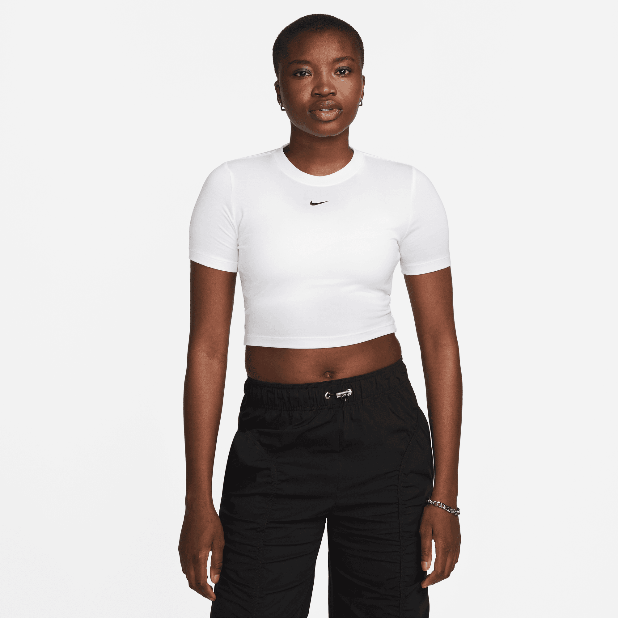 Nike Swoosh graphic slim crop t-shirt in black
