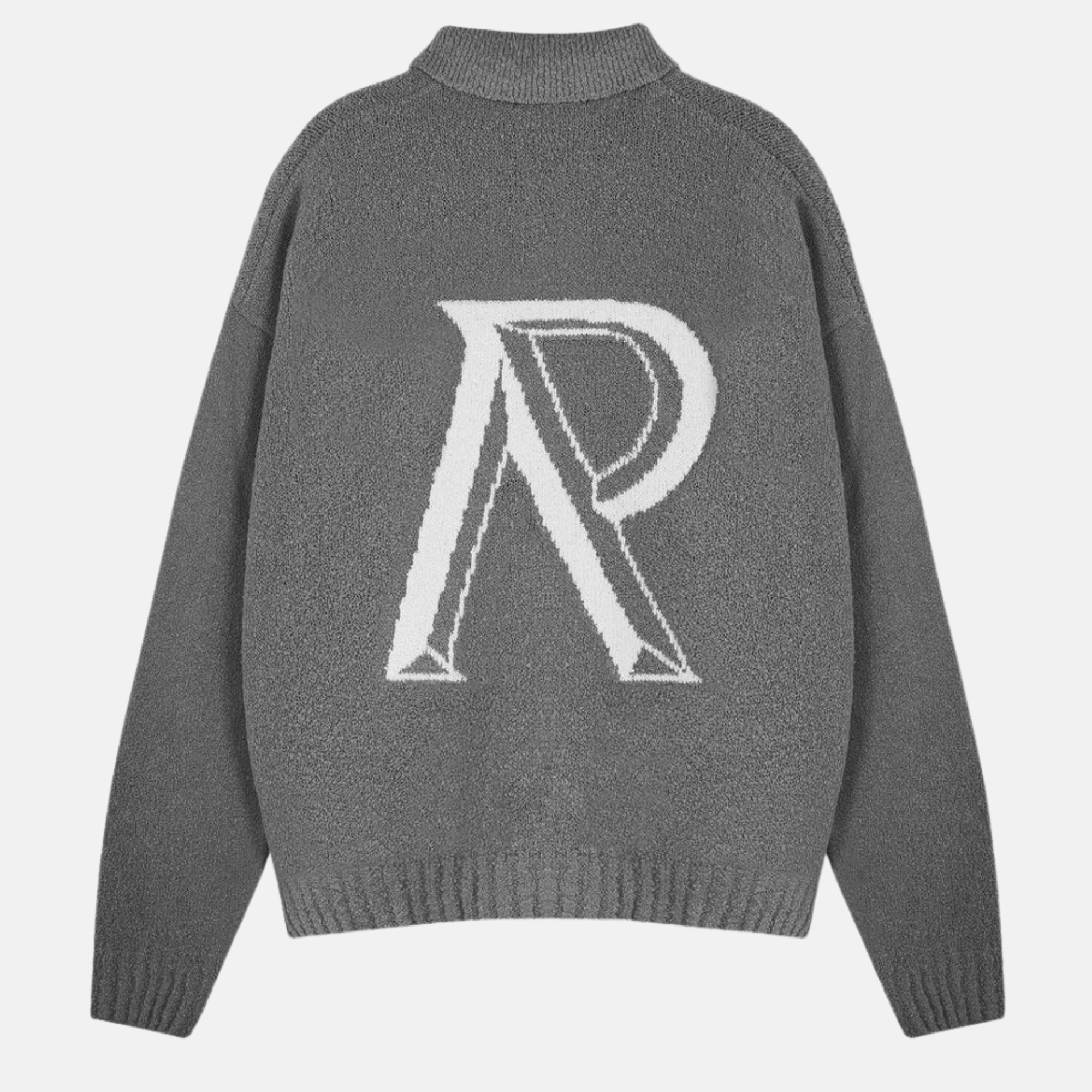 Represent 'Initial Boucle' Grey Wool Polo Sweater