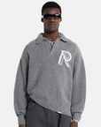 Represent 'Initial Boucle' Grey Wool Polo Sweater