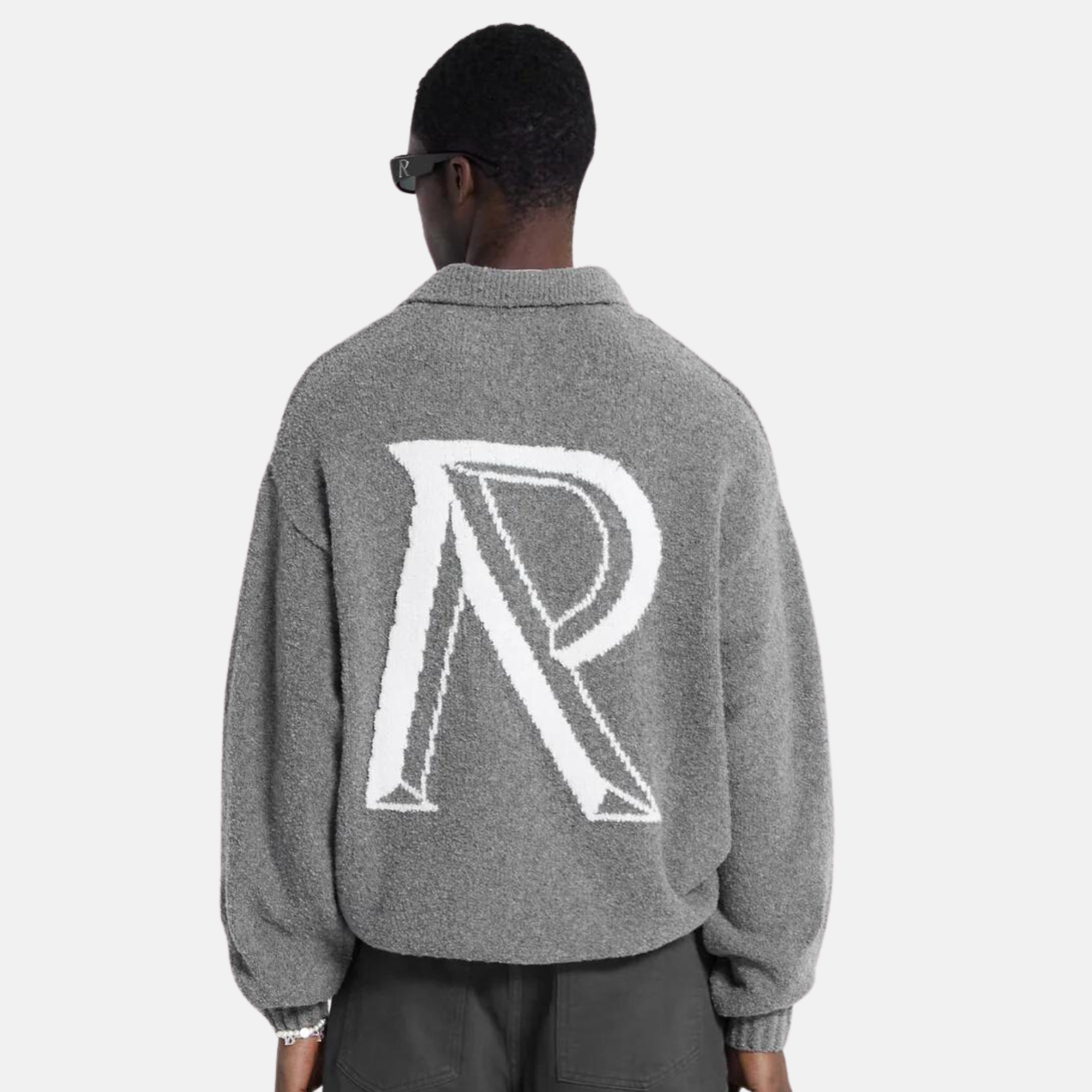 Represent 'Initial Boucle' Grey Wool Polo Sweater