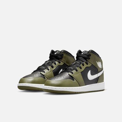 Air Jordan Big Kids' 1 Mid Black Medium Olive (GS)