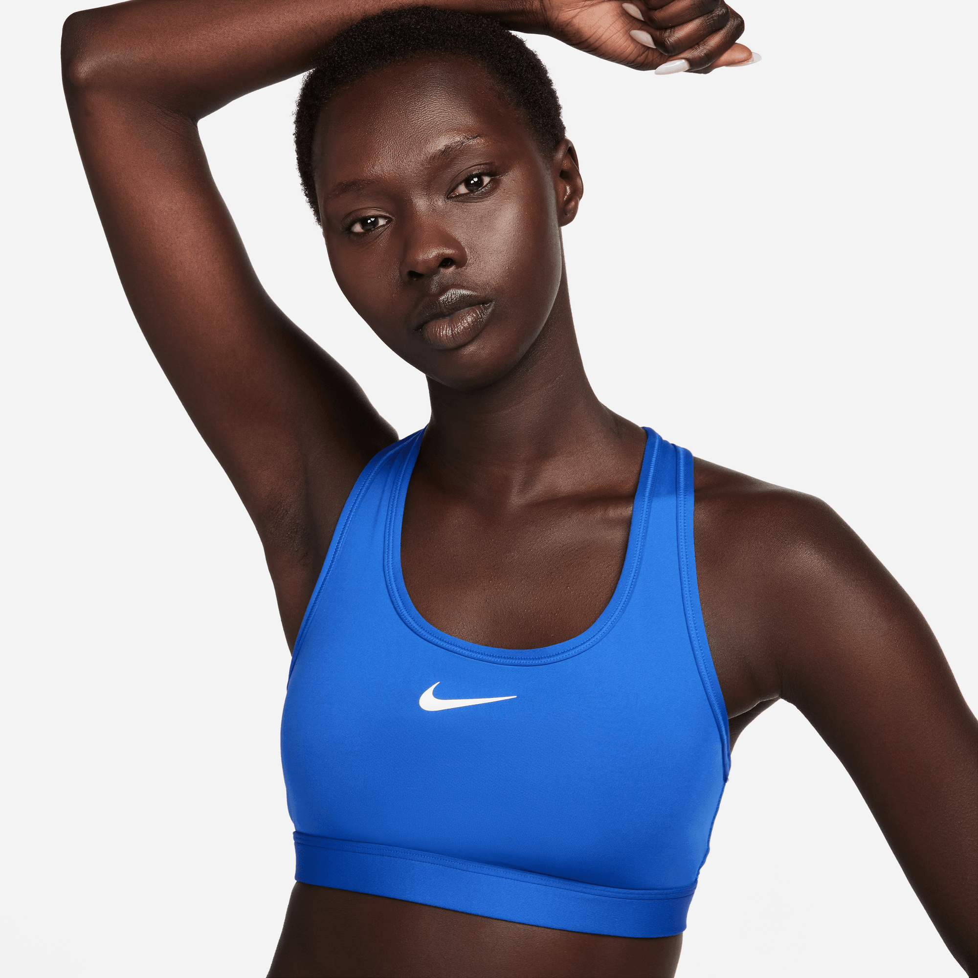 Nike Training Swoosh Dri-FIT high shine medium support sports bra in blue