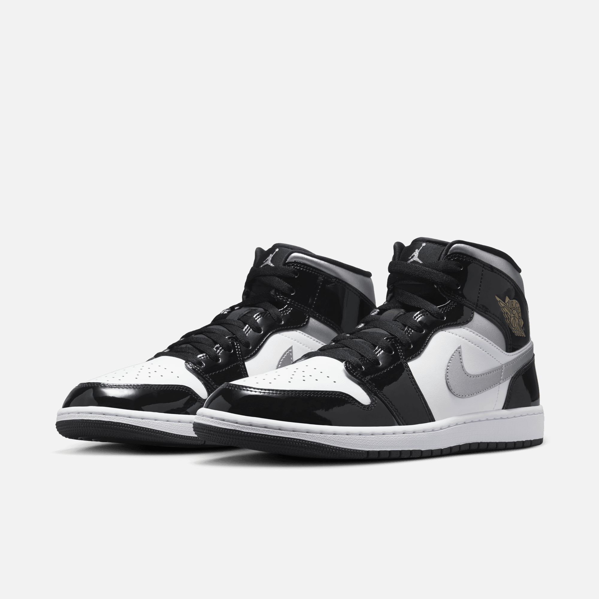 Air Jordan 1 Mid Patent Black White Metallic Silver