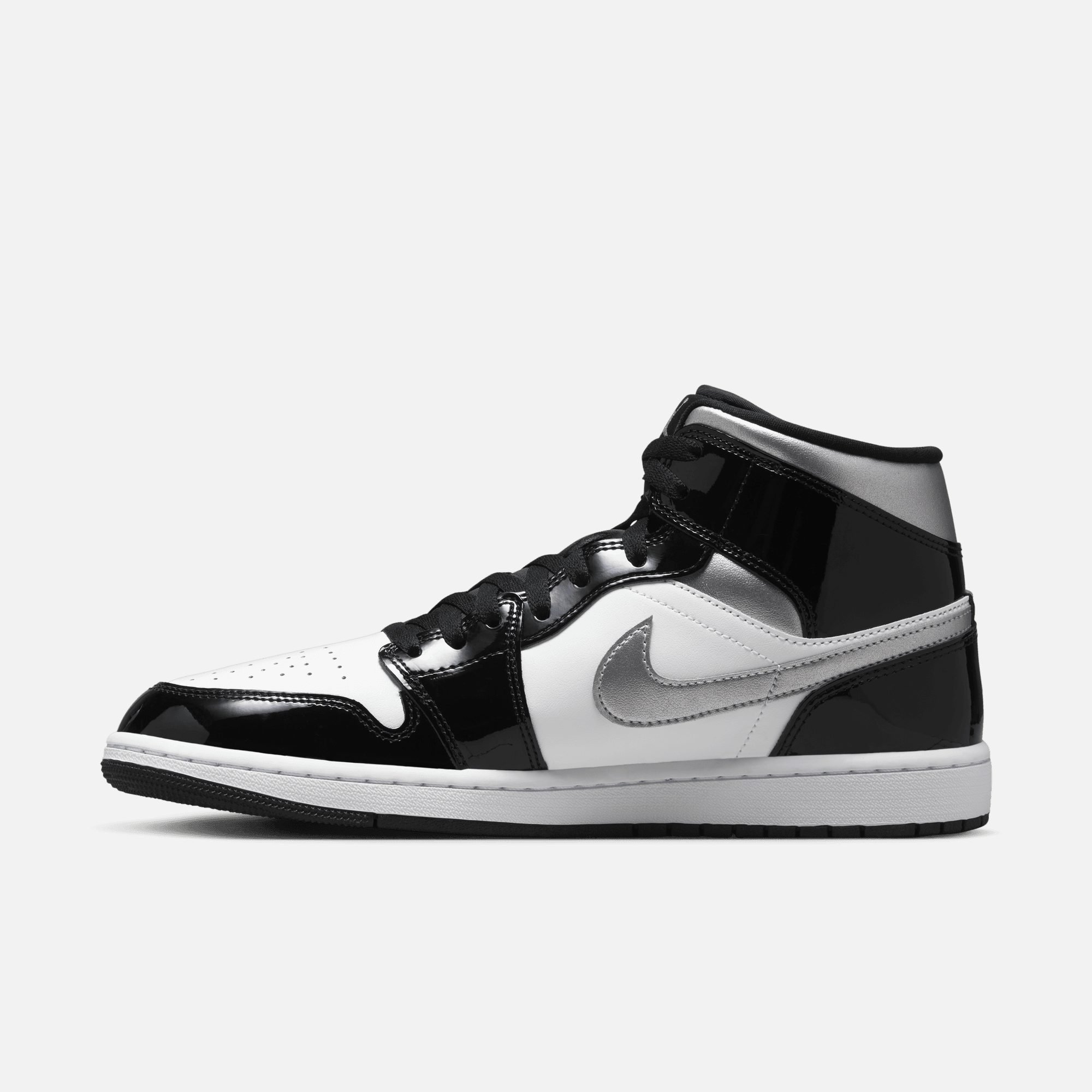 Air Jordan 1 Mid Patent Black White Metallic Silver