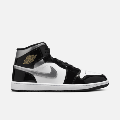 Air Jordan 1 Mid Patent Black White Metallic Silver