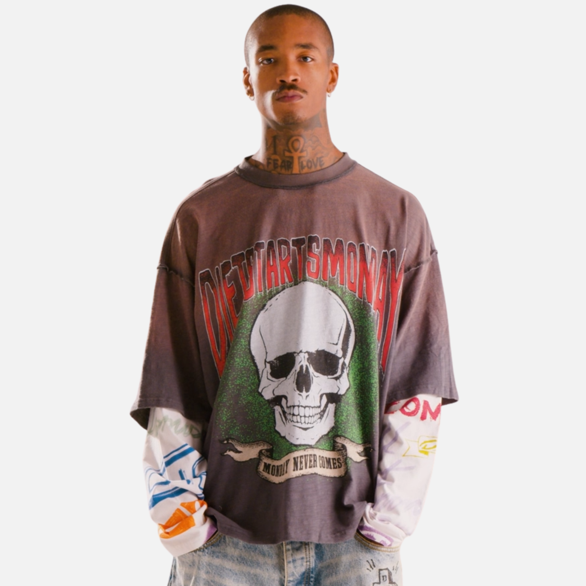 Diet Starts Monday Double Layer Skull Black T-Shirt