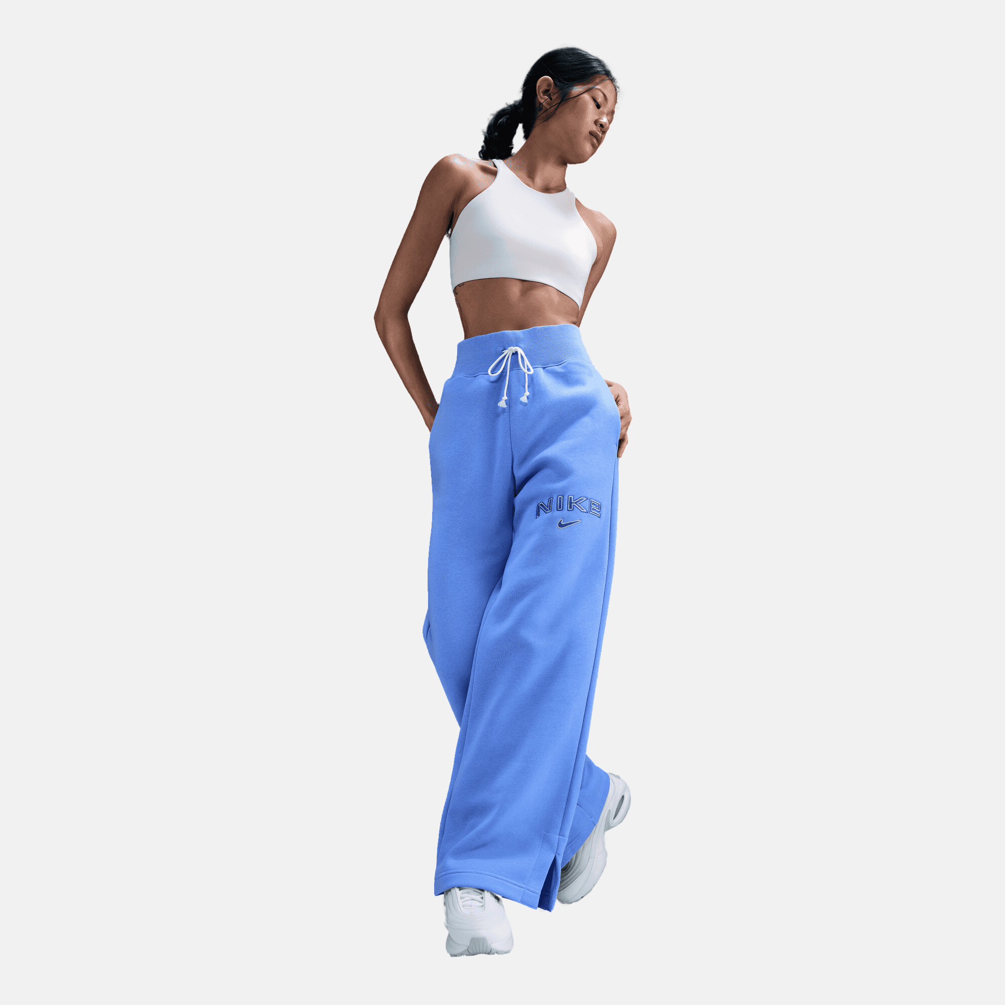 Nike Women's Sportswear Phoenix Fleece Blue High-Waisted Wide-Leg Logo Pants