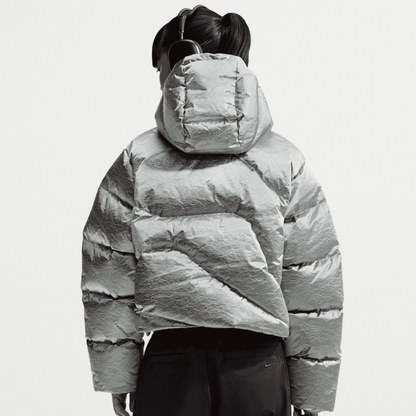 Nike Women's Therma-Fit Oversized Metallic Silver Down Puffer Jacket
