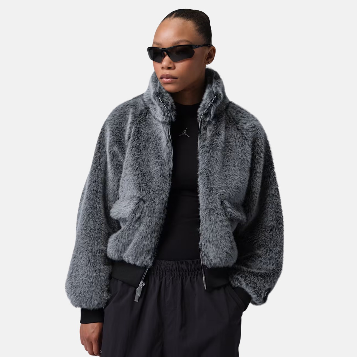 Air Jordan Women's Flight Fleece Grey Faux Fur Jacket