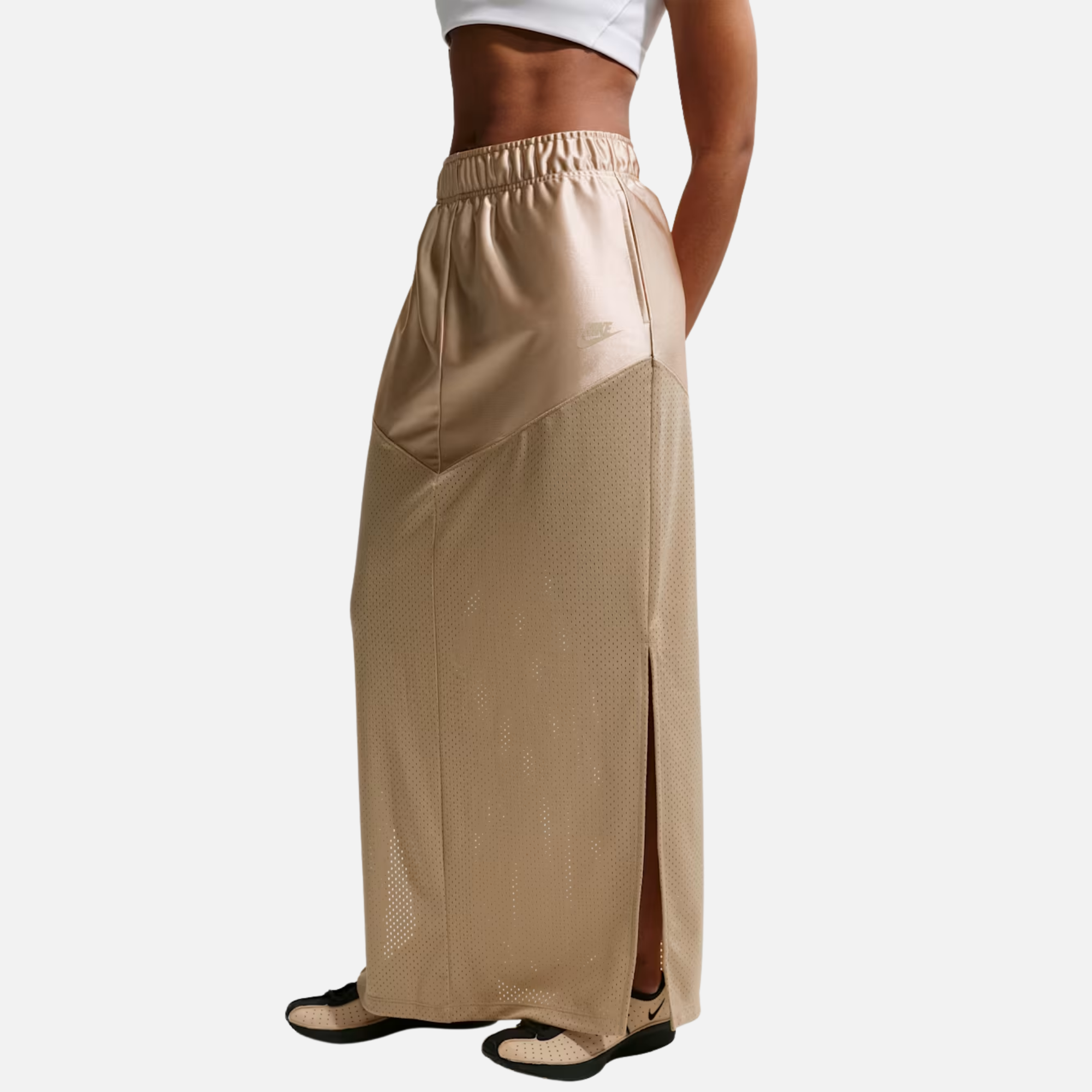 Nike Women's Sportswear Mid Rise Satin Mesh Tan Skirt
