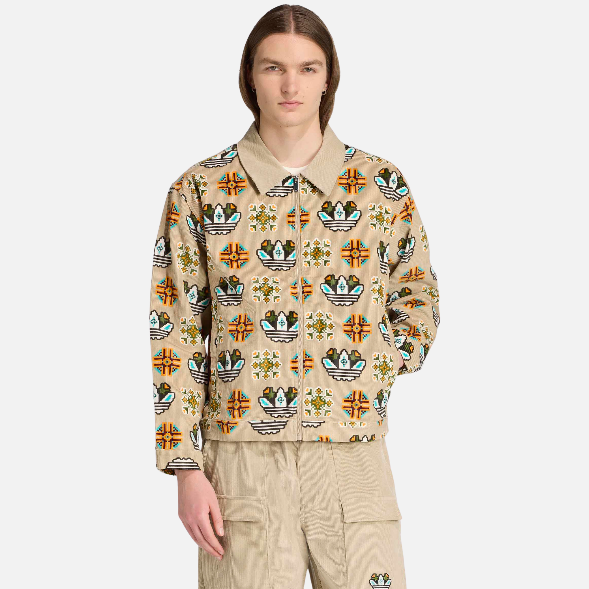 Adidas Monogram Allover Print Khaki Loose Coach Jacket