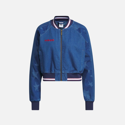 Adidas Women's Blue Denim Graphic Varsity Bomber Jacket