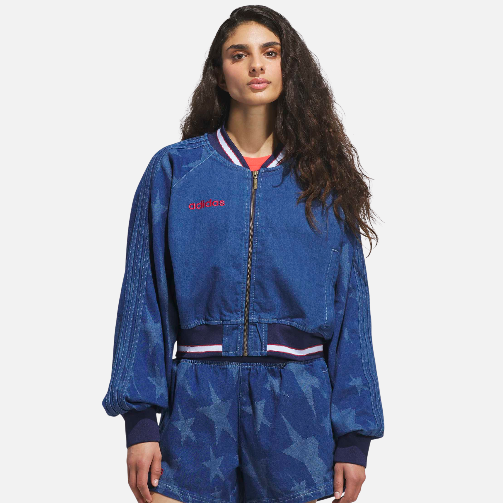 Adidas Women's Blue Denim Graphic Varsity Bomber Jacket