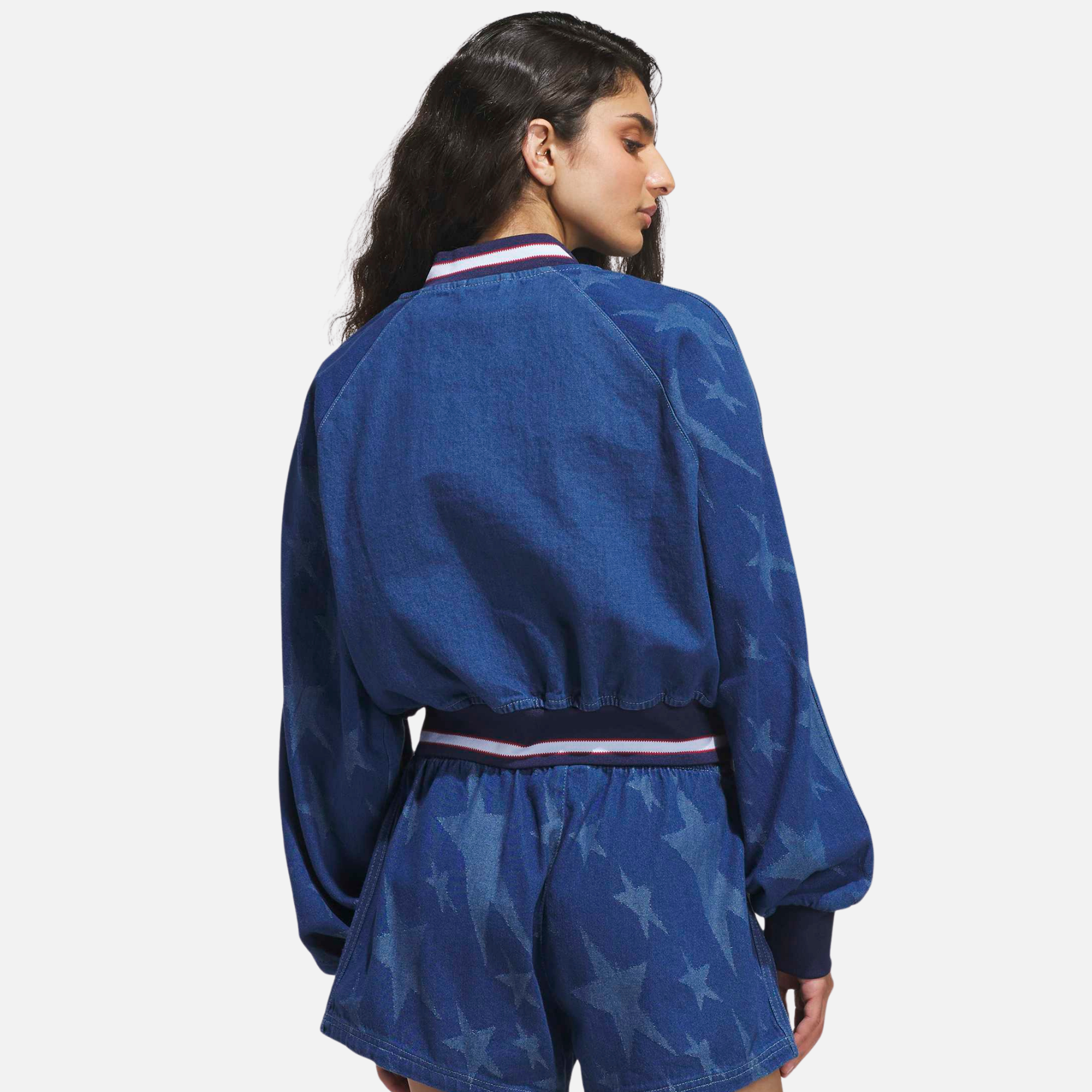 Adidas Women's Blue Denim Graphic Varsity Bomber Jacket