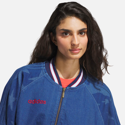 Adidas Women's Blue Denim Graphic Varsity Bomber Jacket