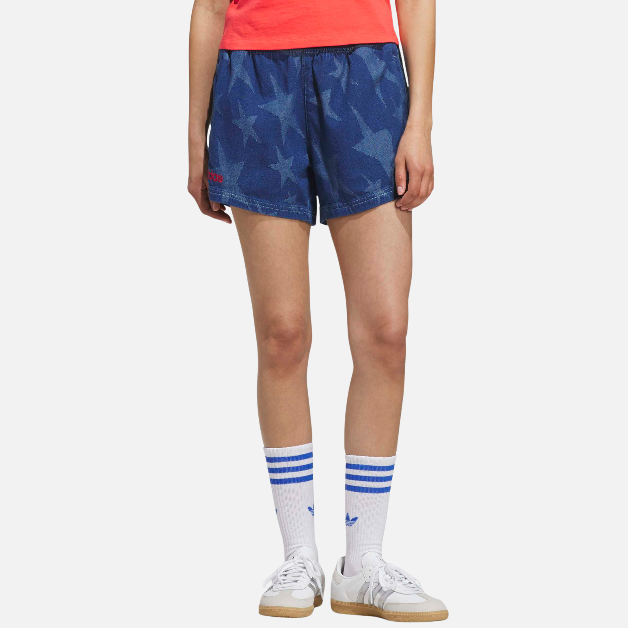 Adidas Women's Blue Denim Graphic Varsity Shorts