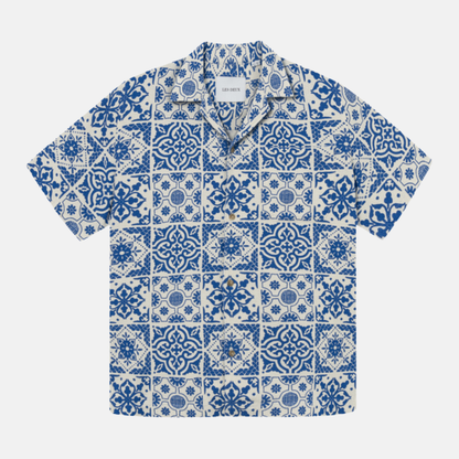 Les Deux Light Ivory Surf Blue Tile Cotton SS Shirt