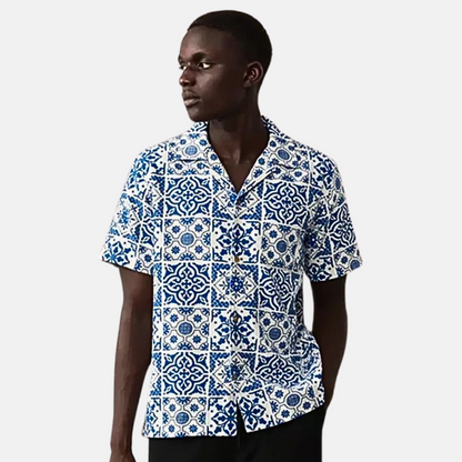 Les Deux Light Ivory Surf Blue Tile Cotton SS Shirt