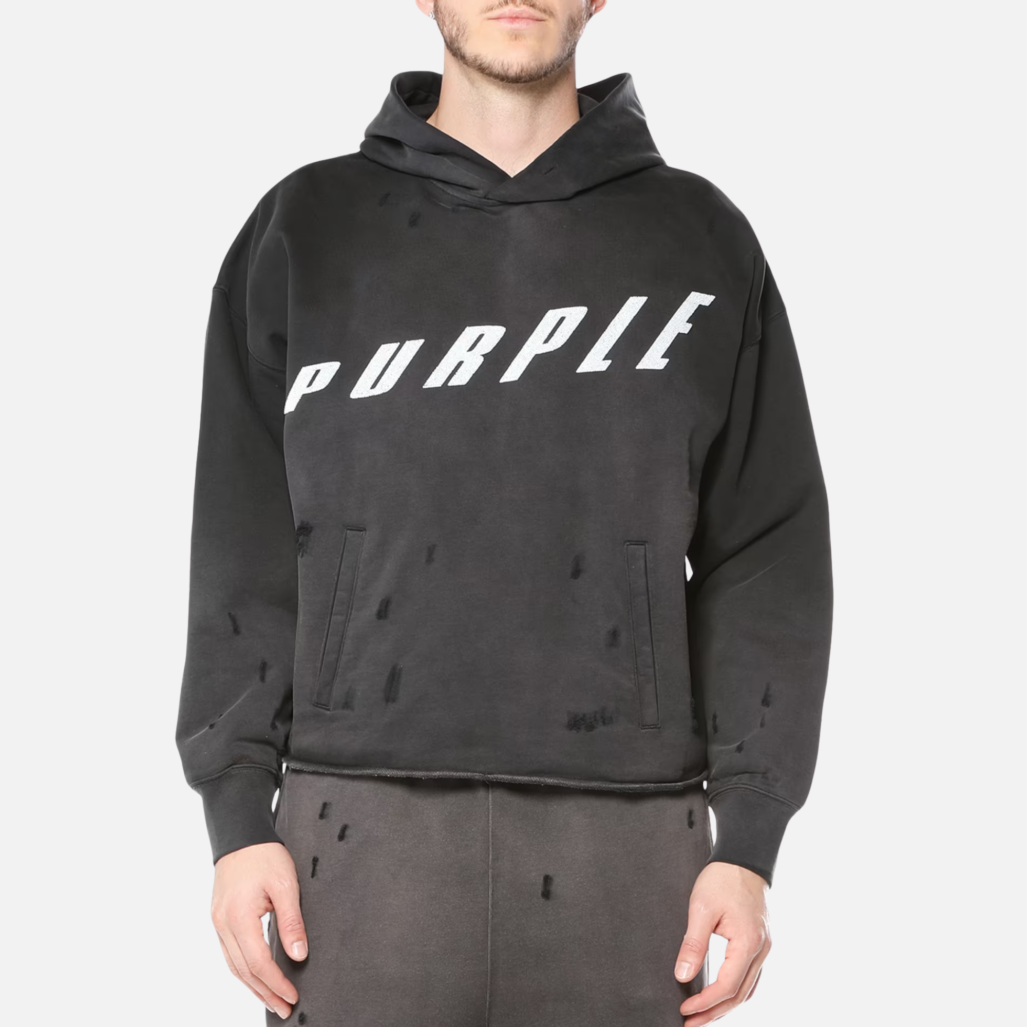 Purple Brand Black Distressed Logo Fleece Hoodie