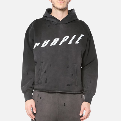 Purple Brand Black Distressed Logo Fleece Hoodie