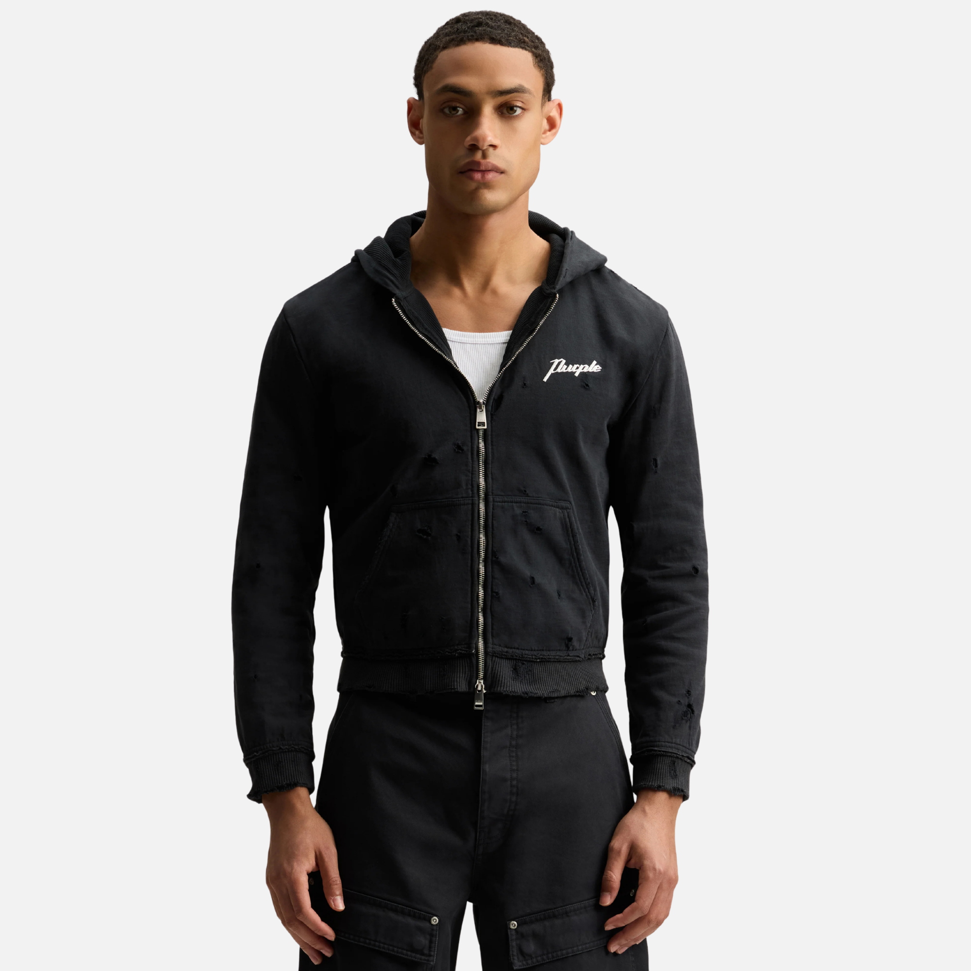 Purple Brand Black Shrunken Script Full-Zip Hoodie