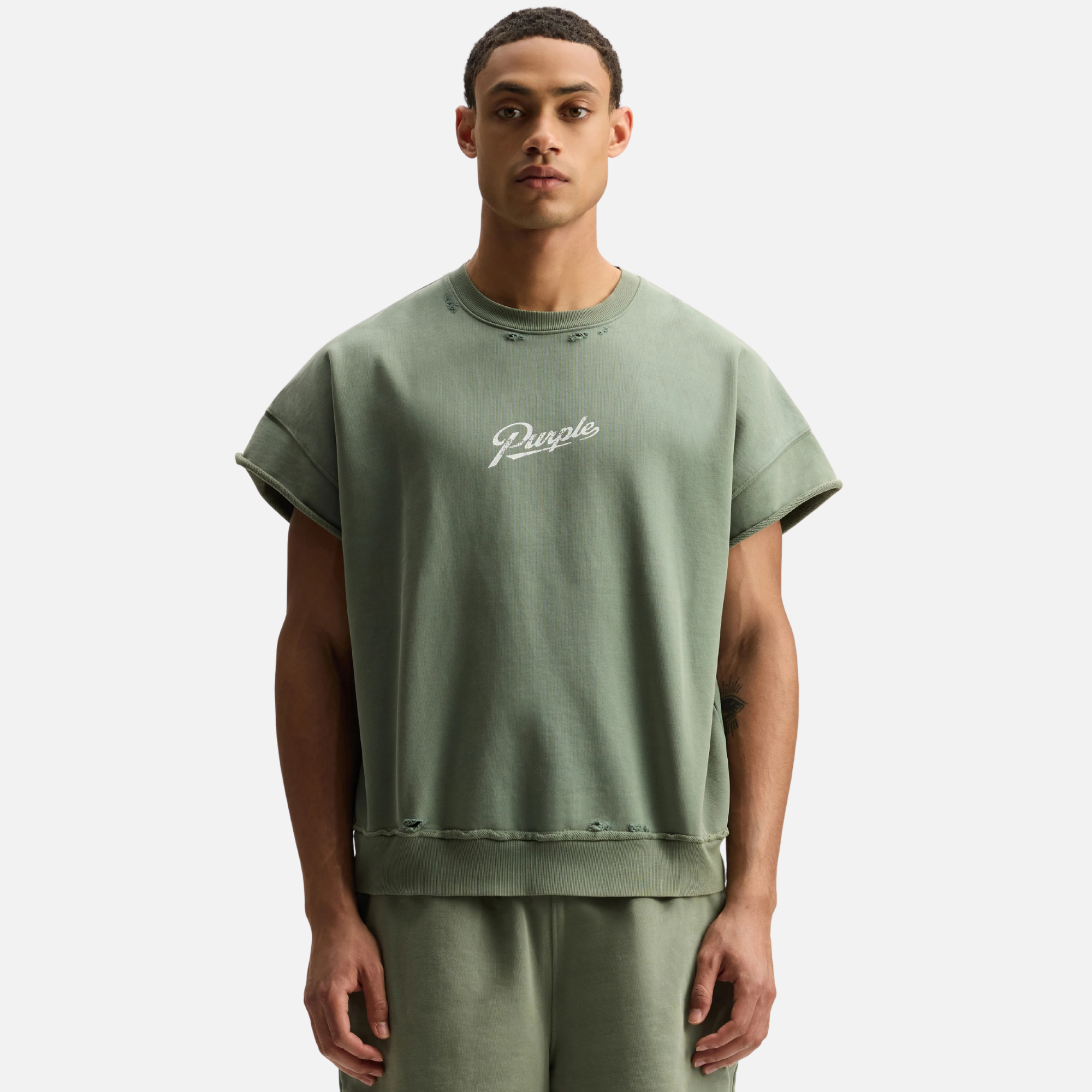 Purple Brand Green Slugger Script Cut Off Muscle Fleece