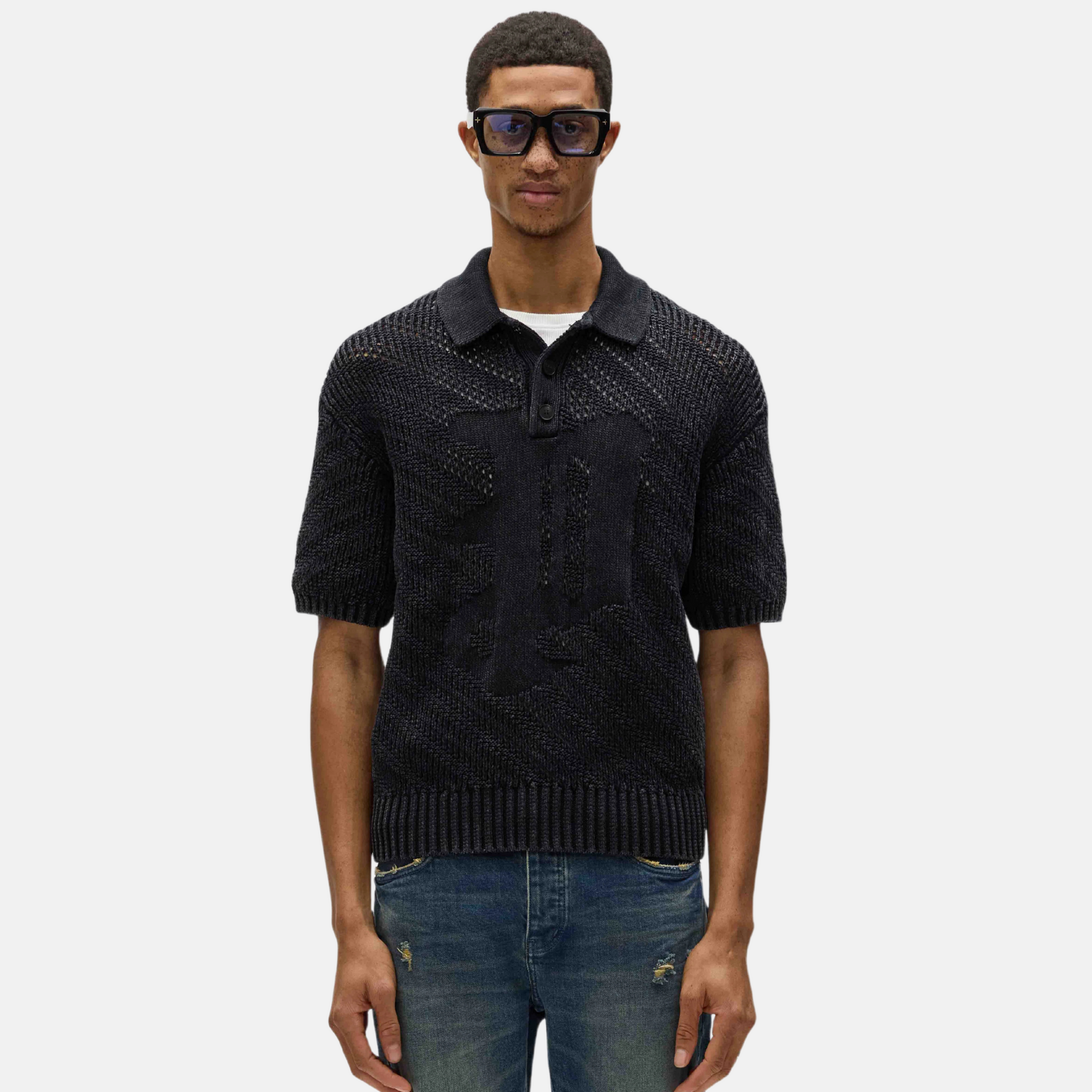 Purple Brand Black Acid Wash Gothic P Knit Polo – Puffer Reds Purple Brand Black Acid Wash Gothic P Knit Polo – Puffer Reds