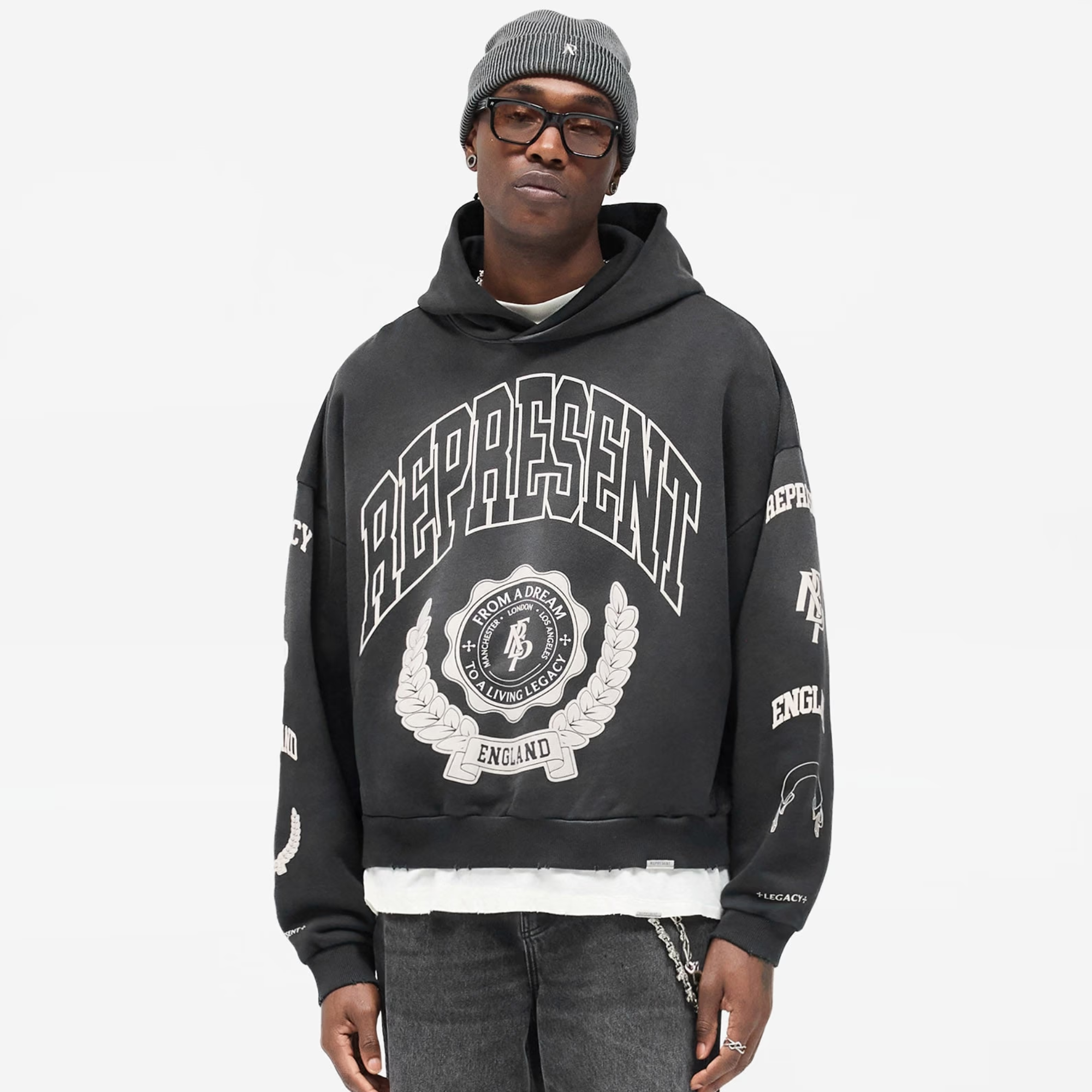 Represent Stained Black Legacy Crest Hoodie