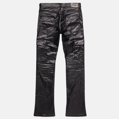 Purple Brand Black Patent Film Cargo Flare Jeans